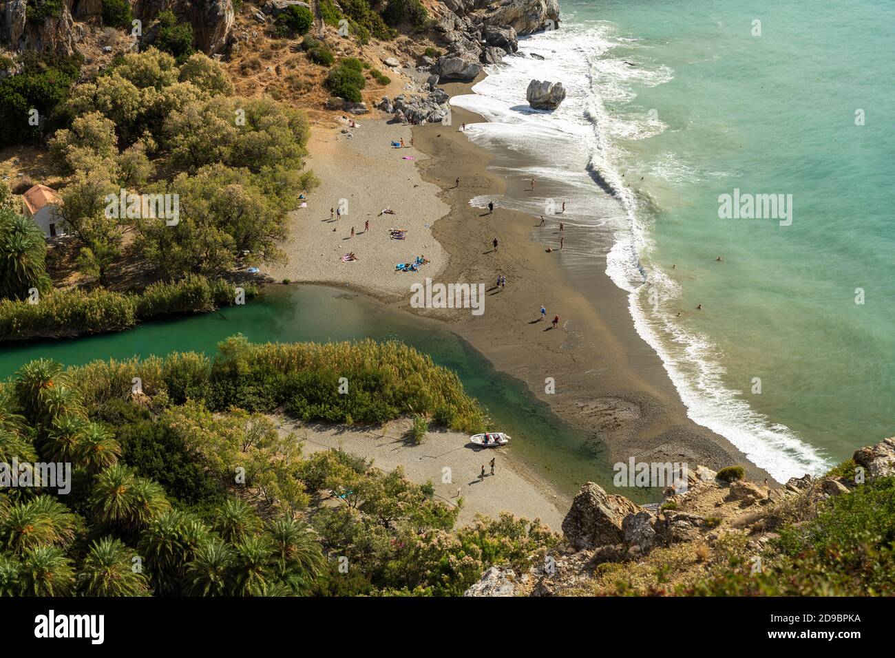 Mündung des Fluss Megalopotamos am Palmenstrand von Preveli, Kreta, Griechenland, Europa   |  Megalopotamos River mouth and Preveli Palm beach, Crete, Stock Photo