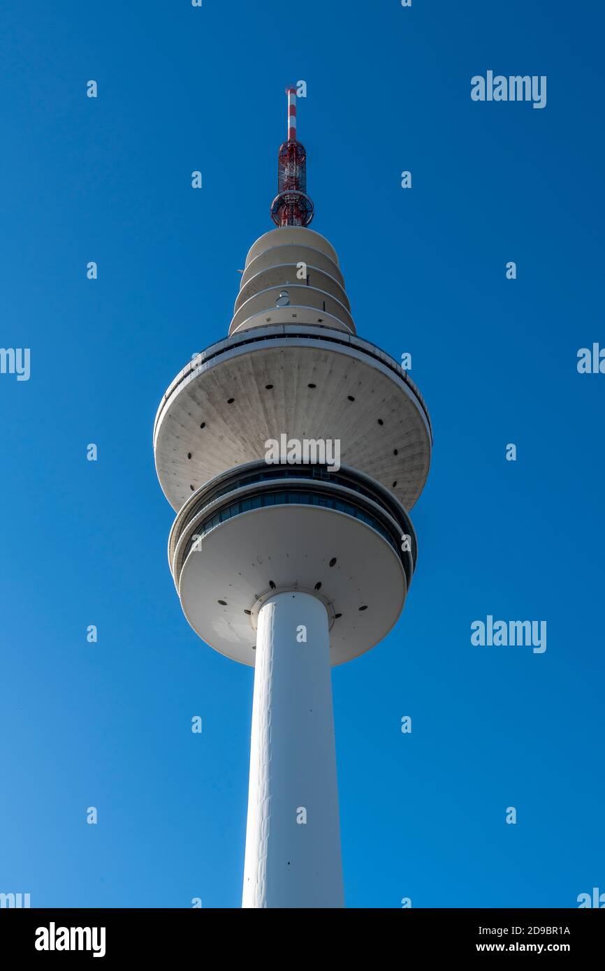 Hamburg's TV tower (Fernsehturm) is called Heinrich Hertz Tower. Designed by architect Fritz Trautwein, it was completed in 1968. Stock Photo