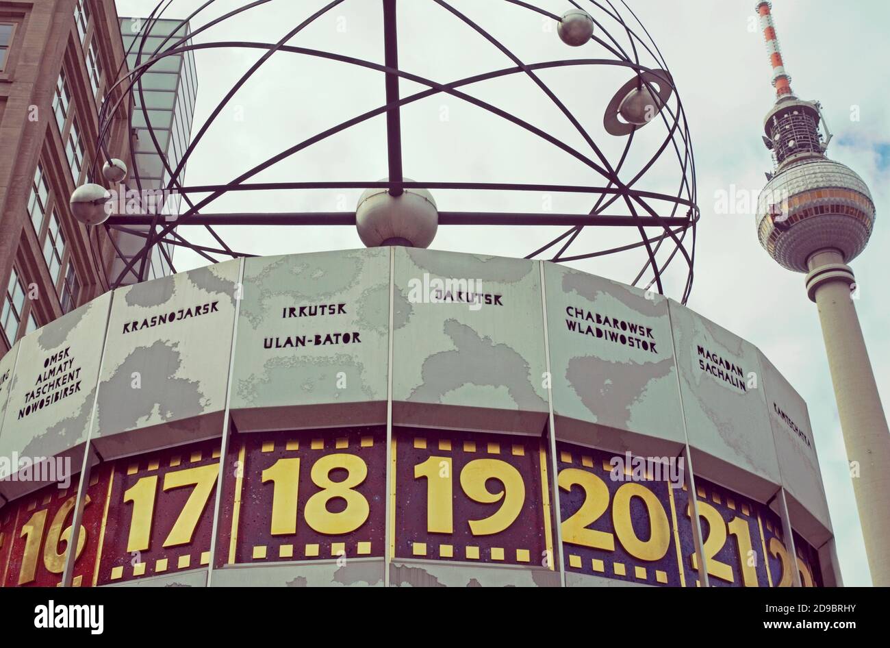 world clock, Weltzeituhr, by Eric John and tv tower in Alexanderplatz, Berlin, Germany Stock Photo