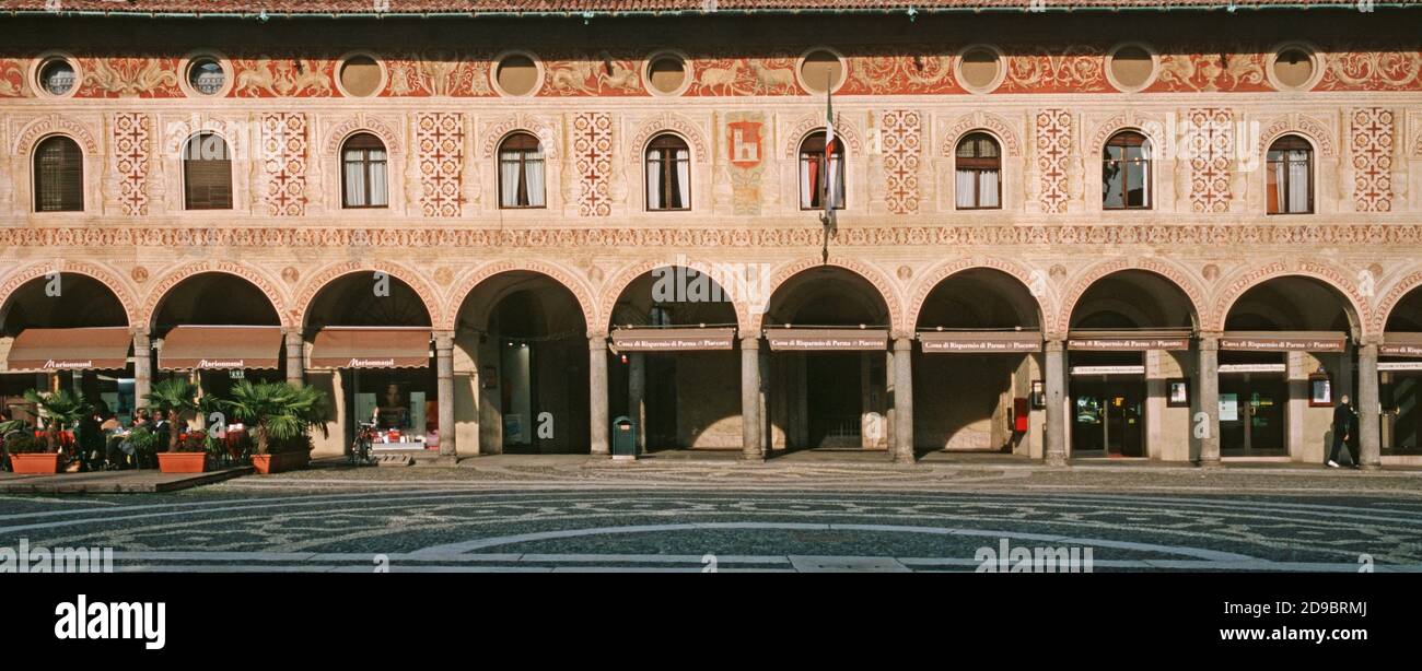 panoramic view of Piazza Ducale arcades in Vigevano Lombardy Italy Stock Photo