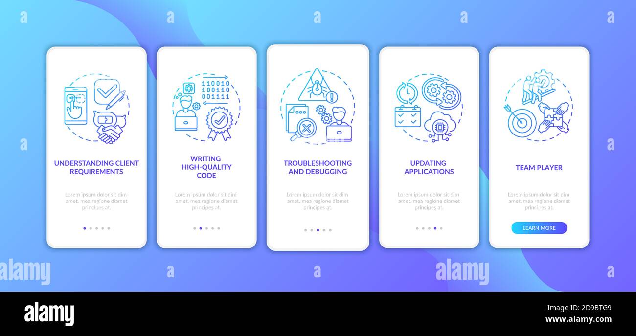 App developer skills onboarding mobile app page screen with concepts Stock Vector