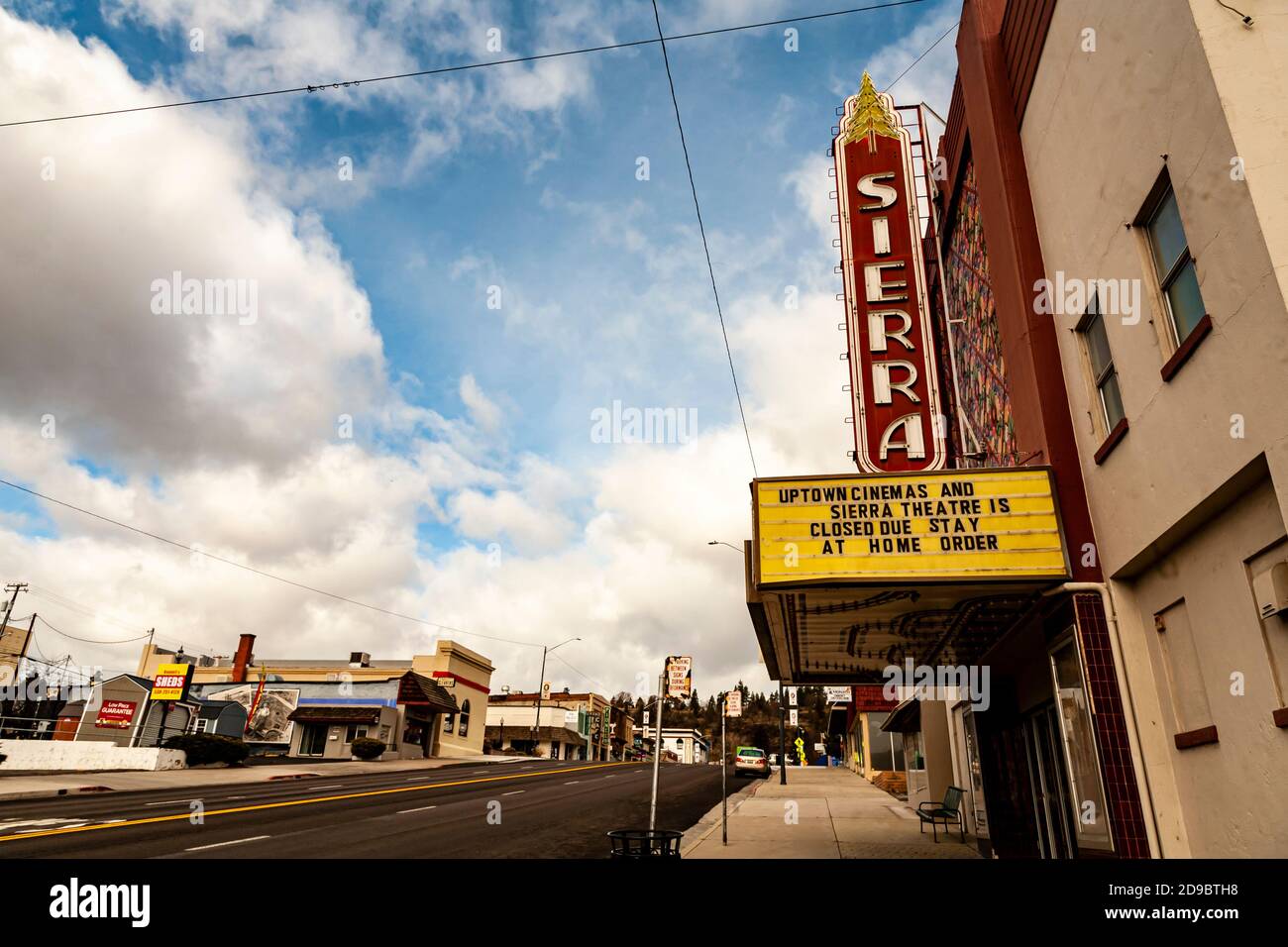 SUSANVILLE CA - MARCH 31, 2020 - The marquee on the Sierra Theater/Uptown Cinema indicates the theater is closed amid the COVID-19 crisis. Stock Photo