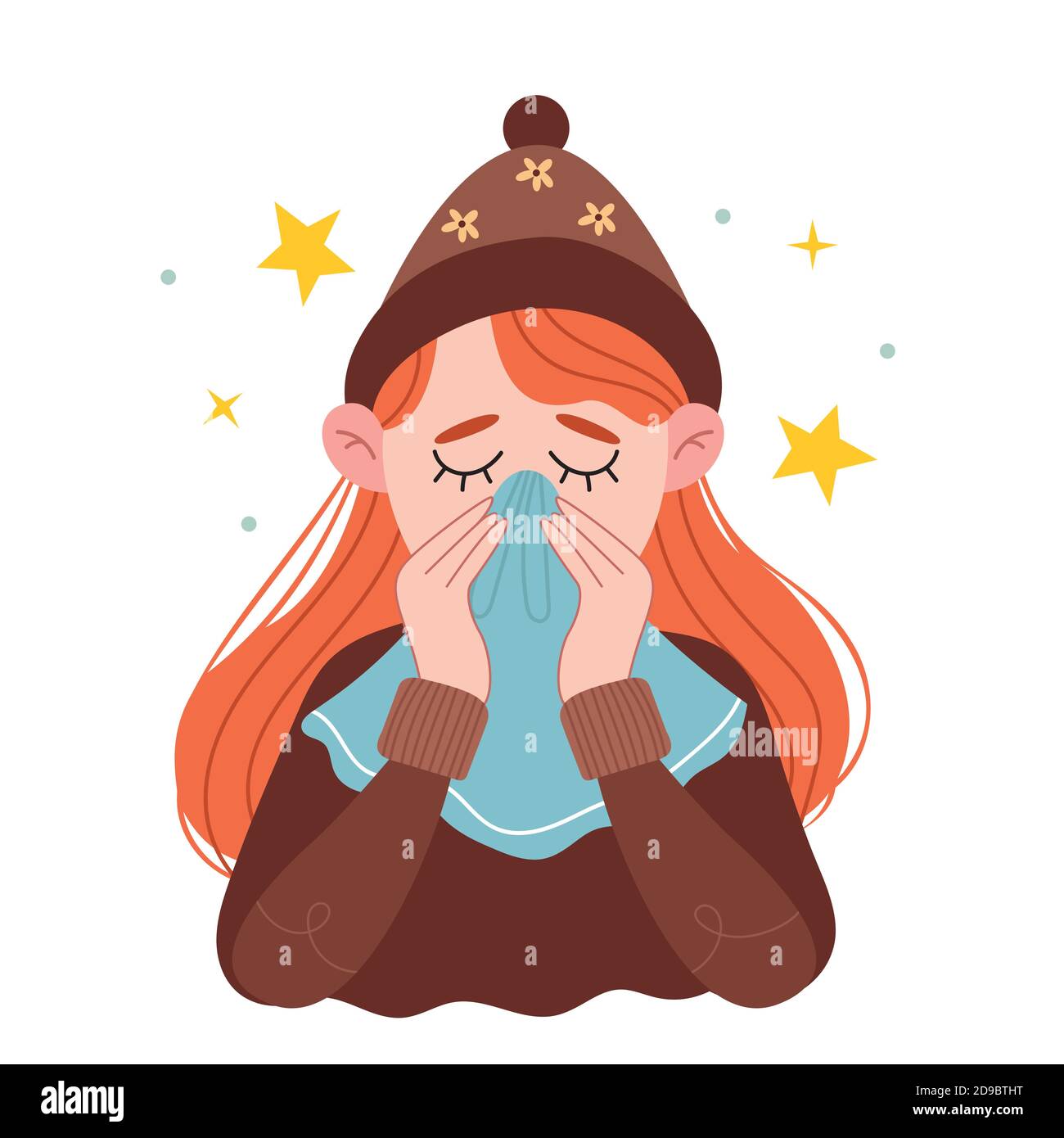 A red-haired girl in a brown warm hat blows her nose in a handkerchief. Girl sneezing in tissue. The sick young woman at home. Stock Vector