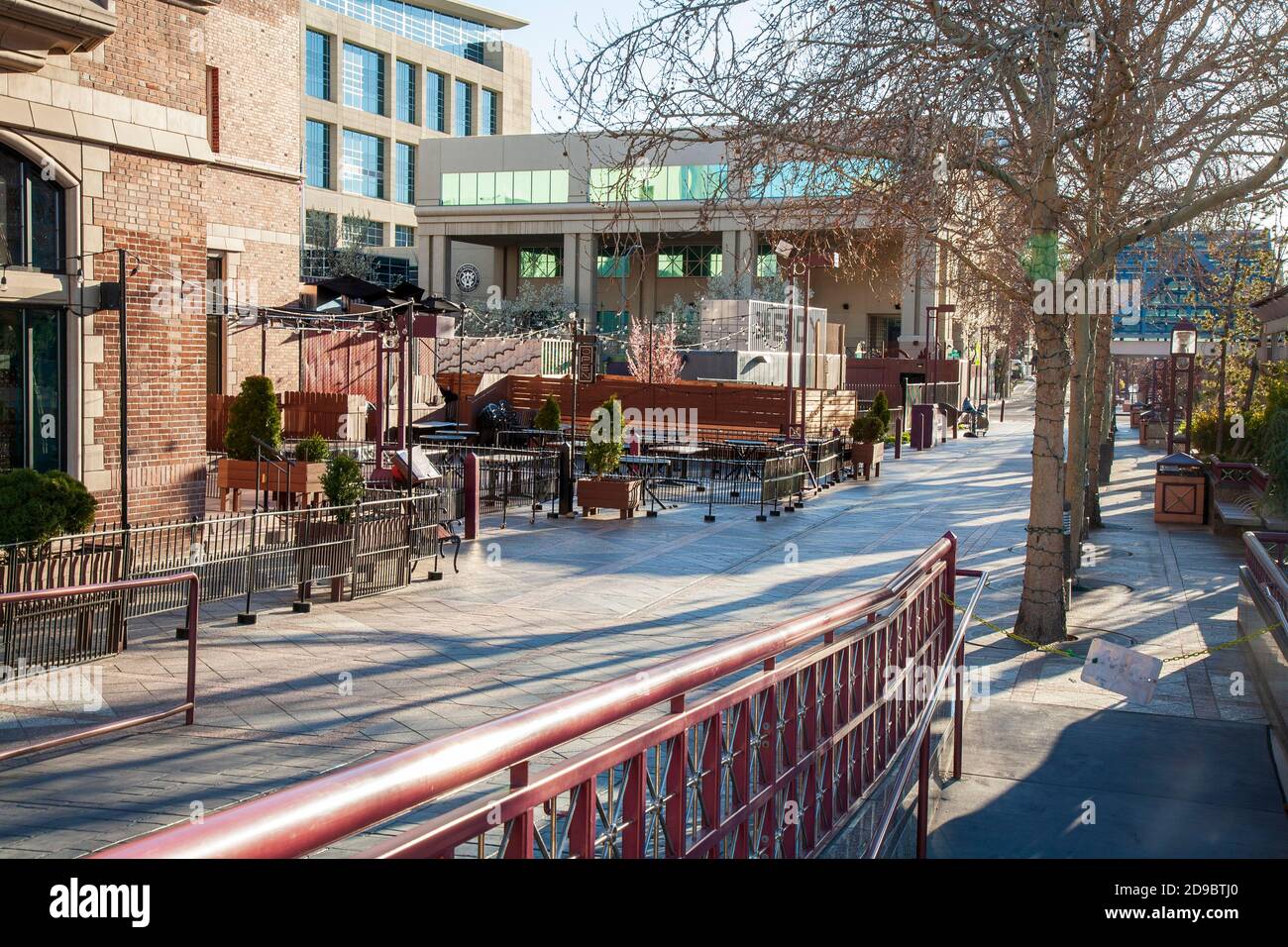 RENO, NEVADA - APRIL 1, 2020 - The normally busy 'River Walk' area in downtown Reno is eerily quiet amid the COVID-19 shutdown Stock Photo
