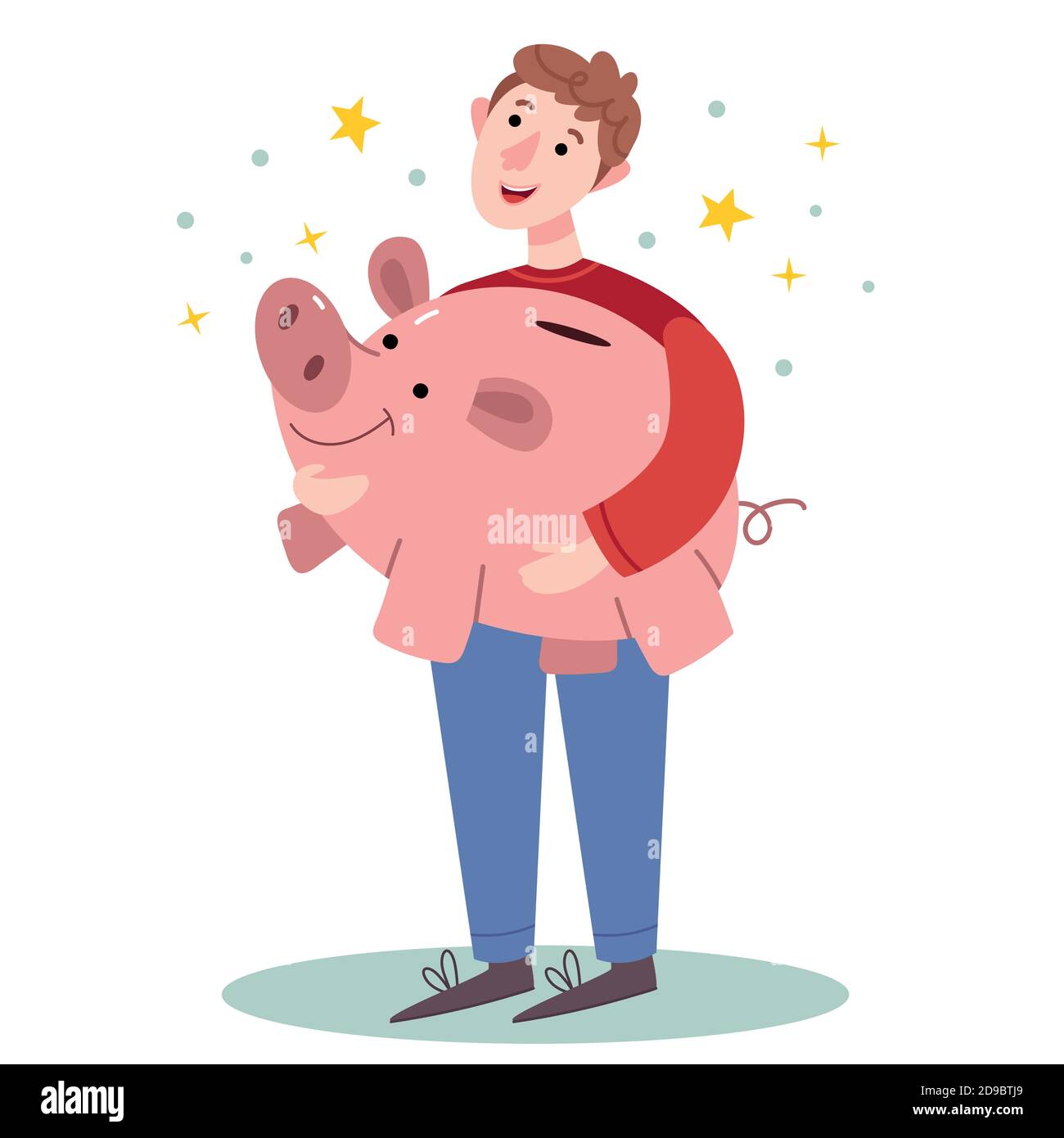 Happy man holding a big piggy bank.Successful economy concept.Simple ...