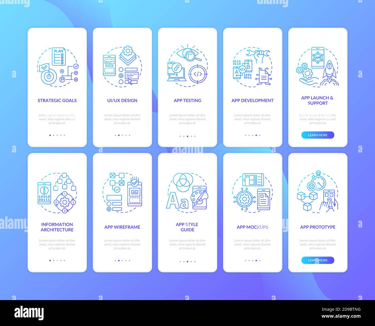 Mobile app development onboarding mobile app page screen with concepts set Stock Vector