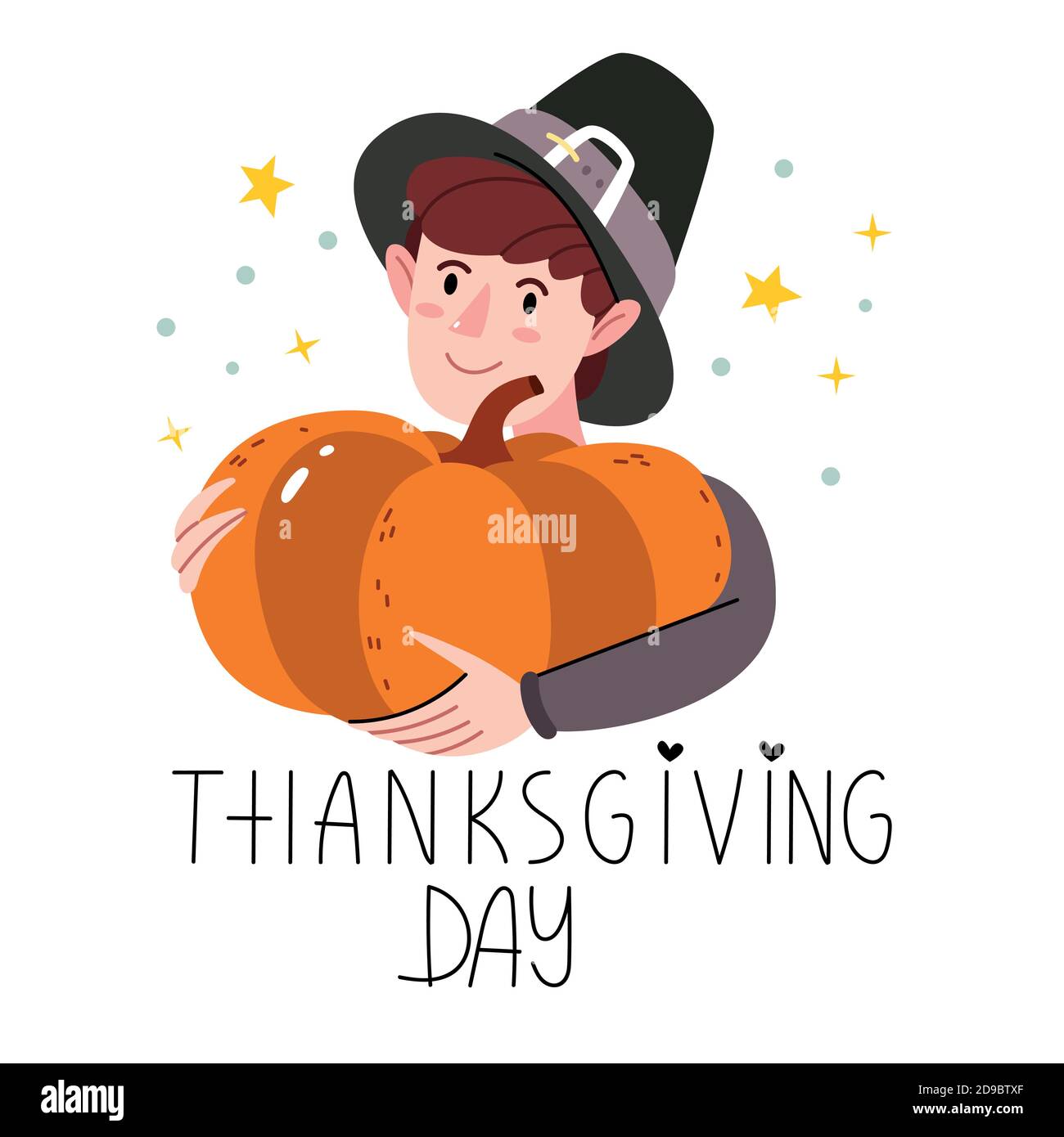 Boy with a pumpkin.Thanksgiving character in pilgrims costume.Halloween and Thanksgiving time fun.Illustration for children's book. Cute Poster. Stock Vector