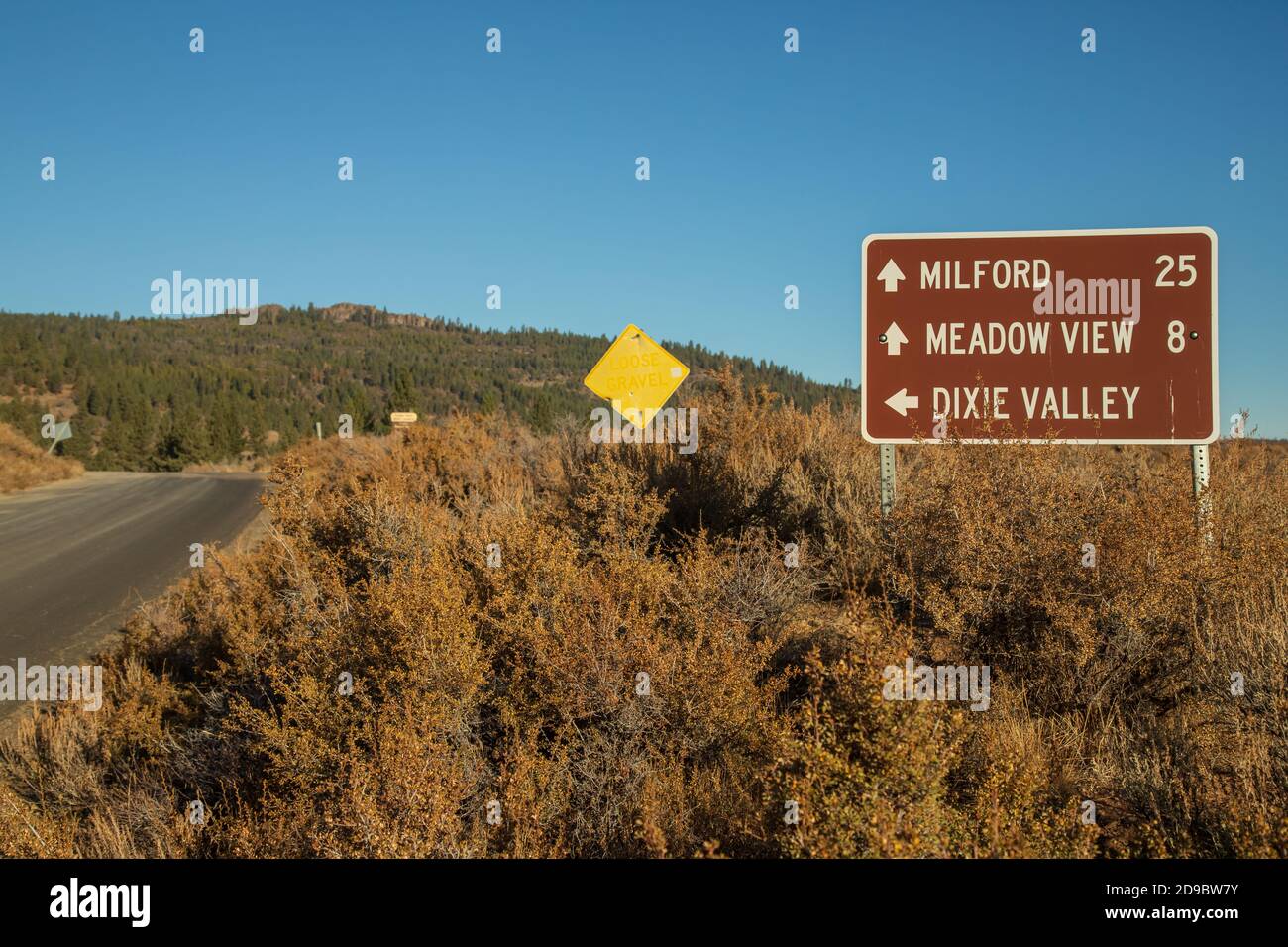 United States Forest Service directory sign on a remote road in Plumas County, California.  Shows distances to remote scenic destinations within the n Stock Photo