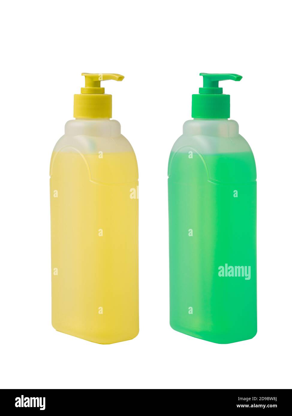 liquid soap with dispenser isolated on white background. Yellow and green soap bottle Stock