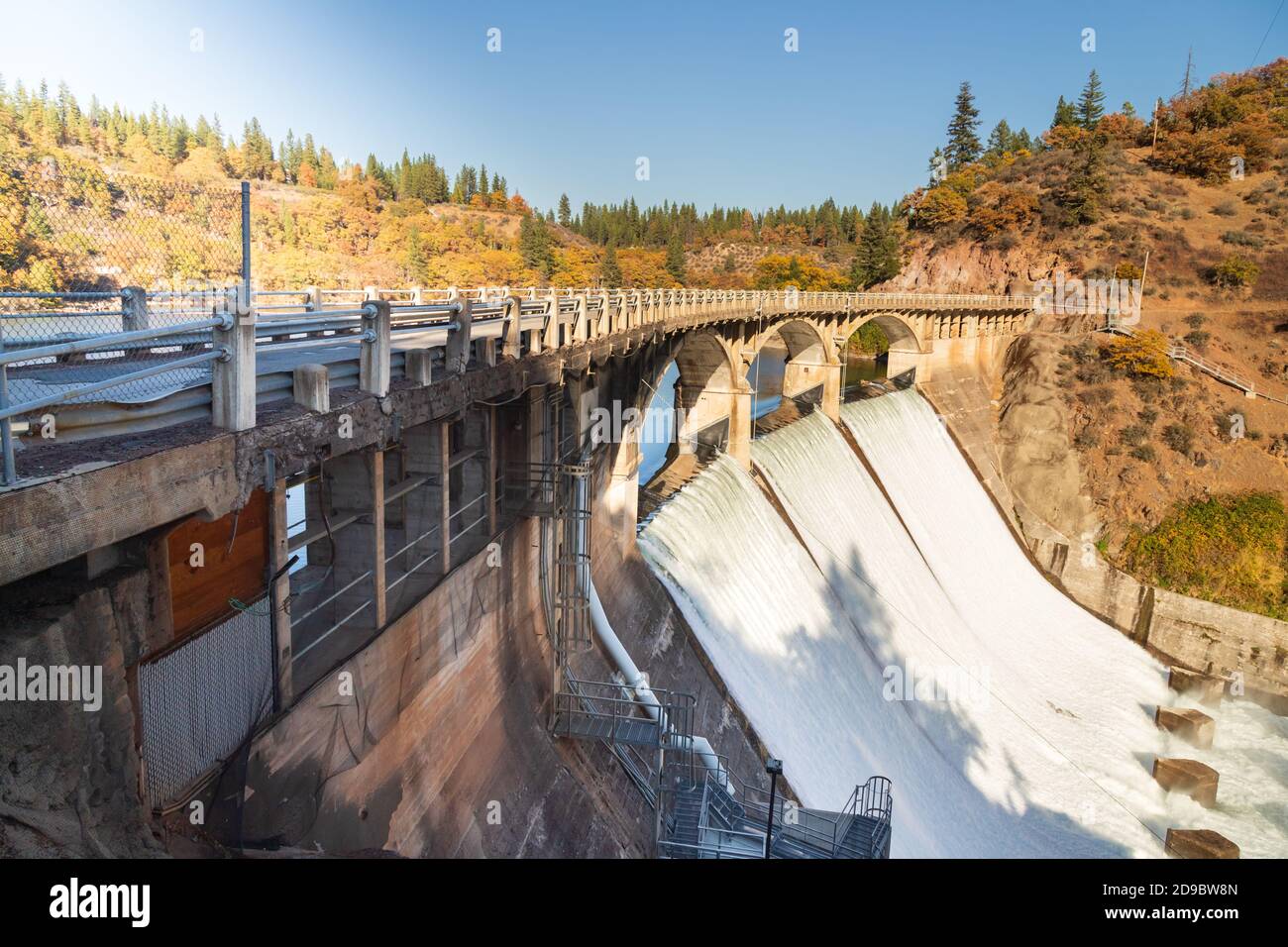 Outflow at the Pit 3 Dam/Bridge in Shasta County California, USA.  The dam is part of Pacific Gas and Electric Company’s Pit River Project. Stock Photo