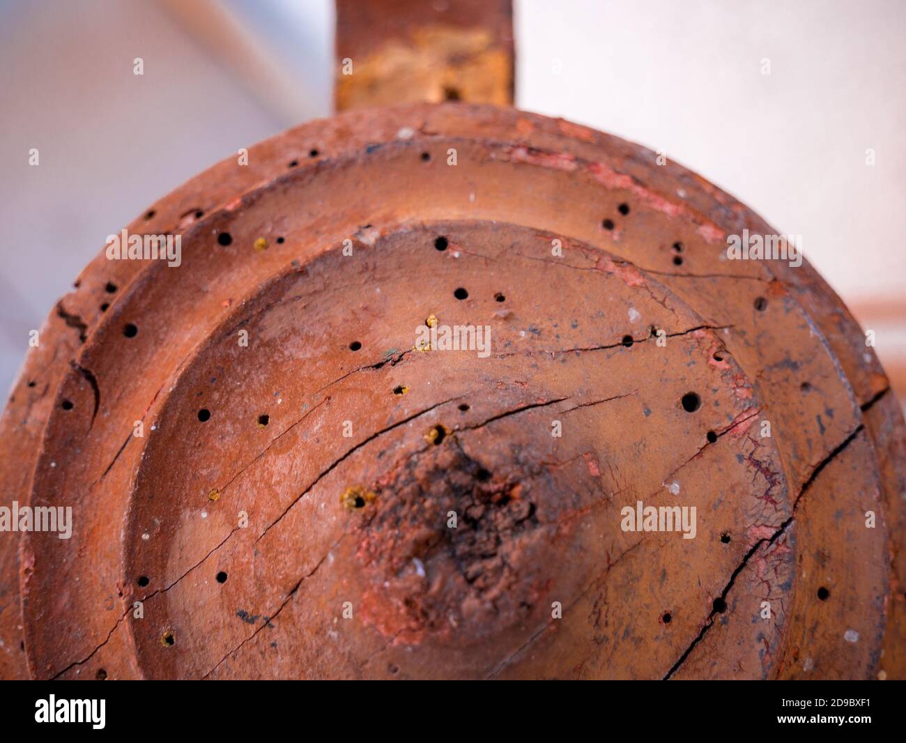 Wood worm holes in old wooden furniture Stock Photo