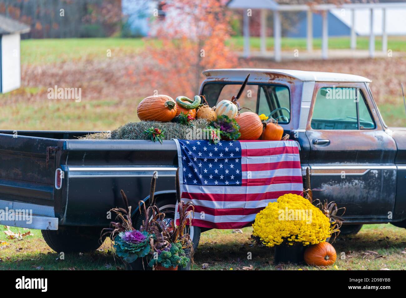 For Thanksgiving celebration pickup truck with American flag and