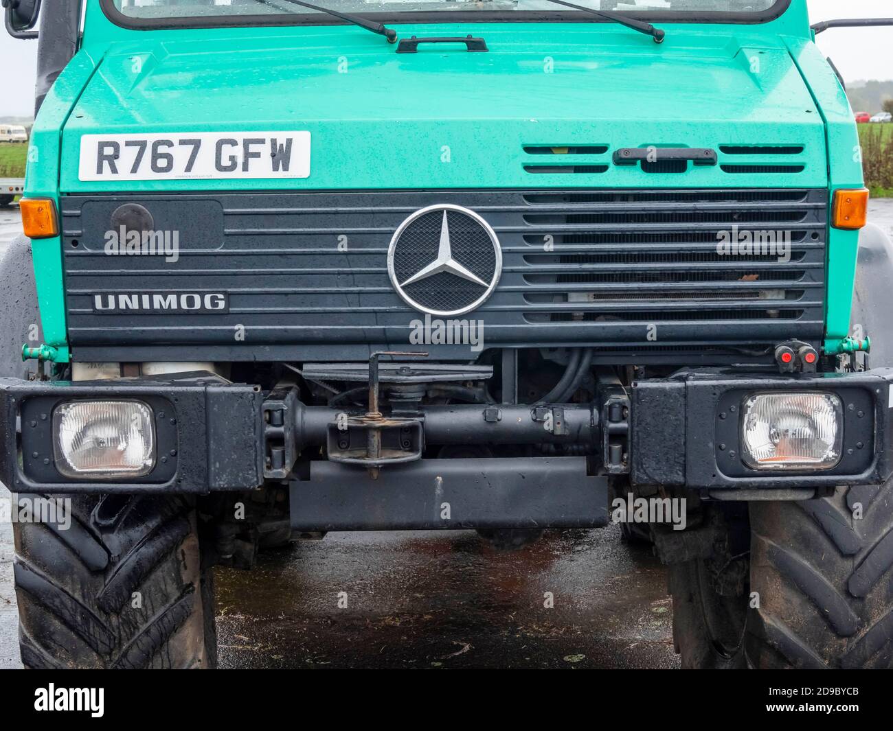 Front view of a Mercedes Unimog 4 wheel drive truck at an agricultural vehicle rally near Alnwick, Northumberland, UK Stock Photo