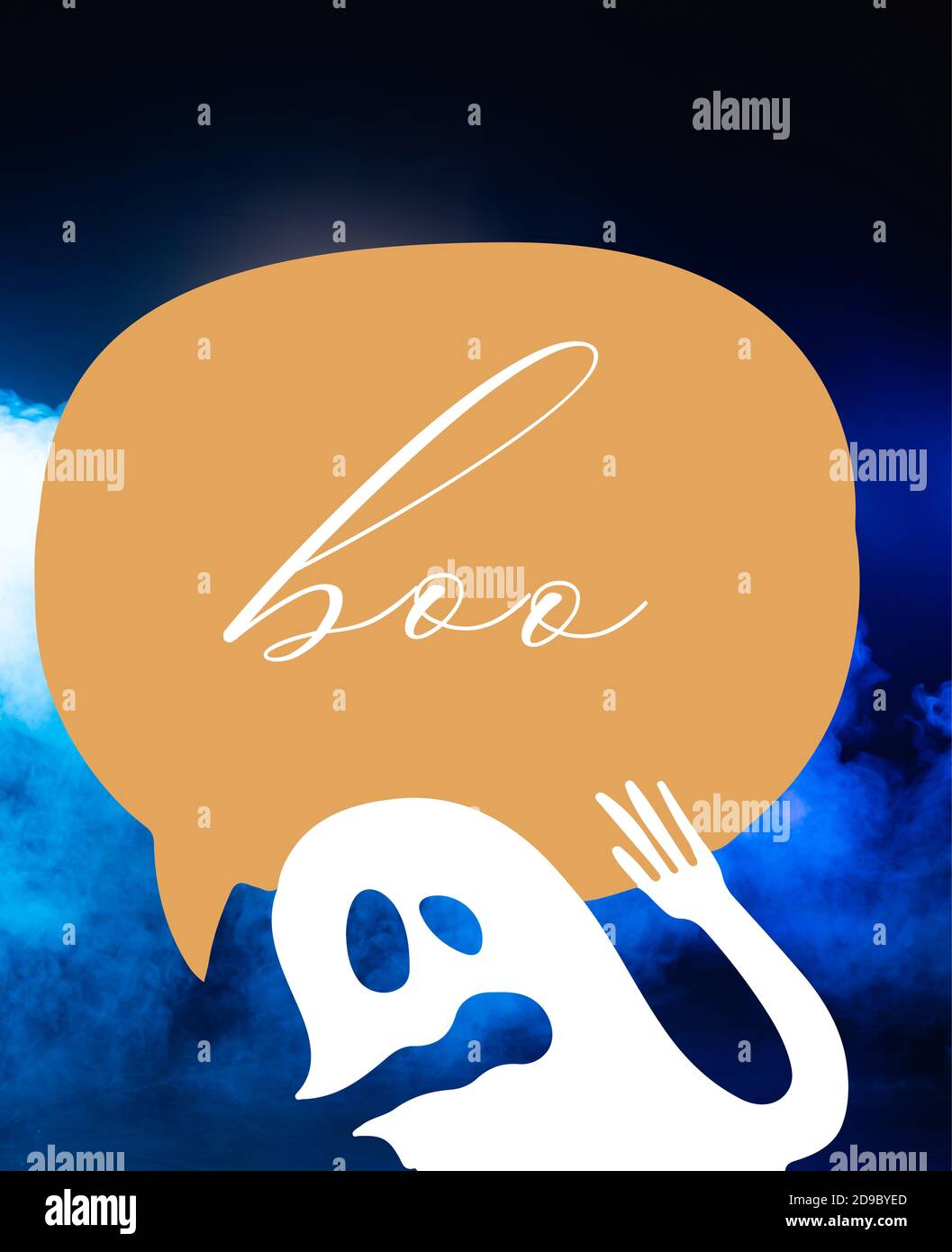 speech bubble with boo lettering and ghost illustration on dark blue background Stock Photo