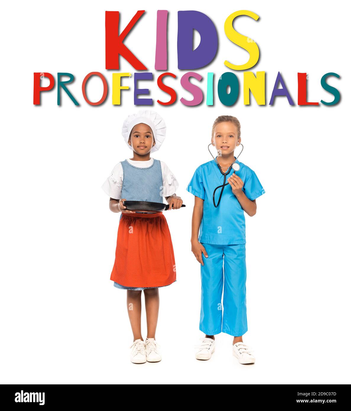 multicultural girls in costumes of different professions standing near ...