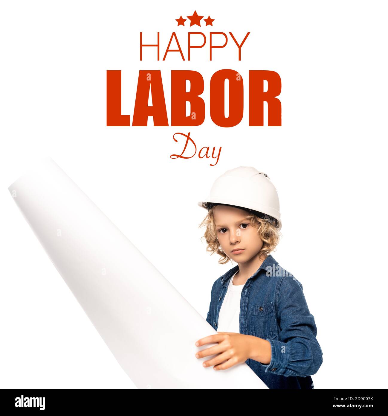 boy in safety helmet and costume of architect holding blueprint happy ...