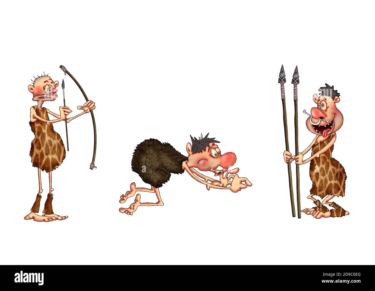 Cave hunters with weapons in different poses and emotions. Illustration on white background.. Stock Photo