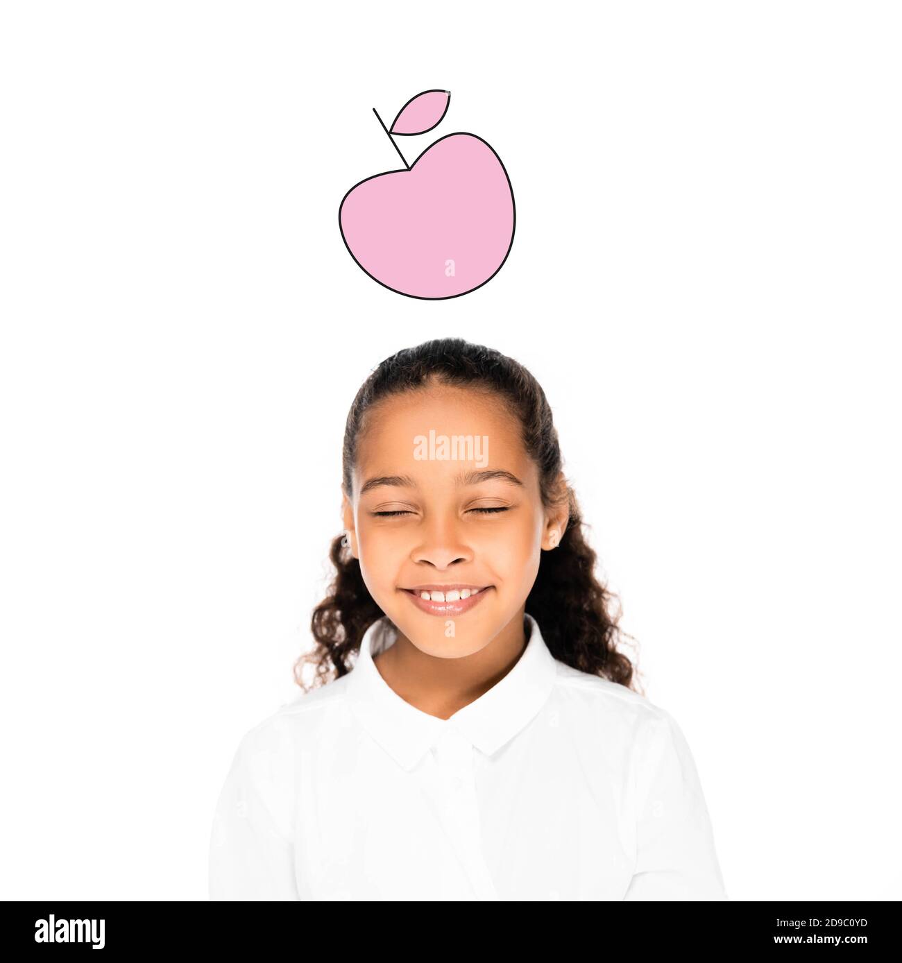 african american schoolgirl smiling with closed eyes isolated on white, pink apple illustration Stock Photo