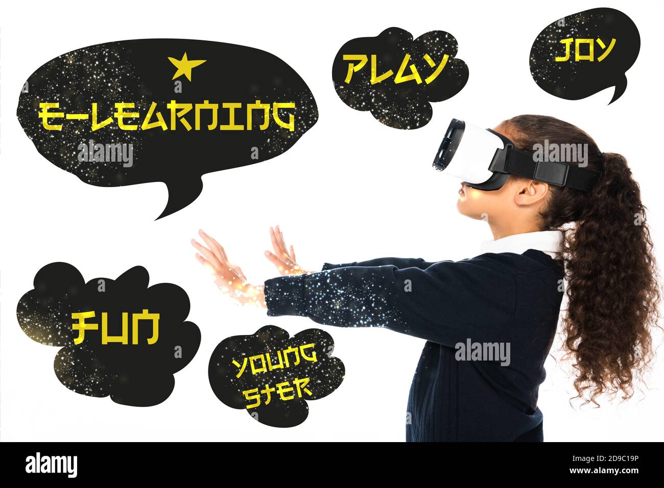 african american schoolgirl with outstretched hands using virtual reality headset isolated on white, e-learning illustration Stock Photo