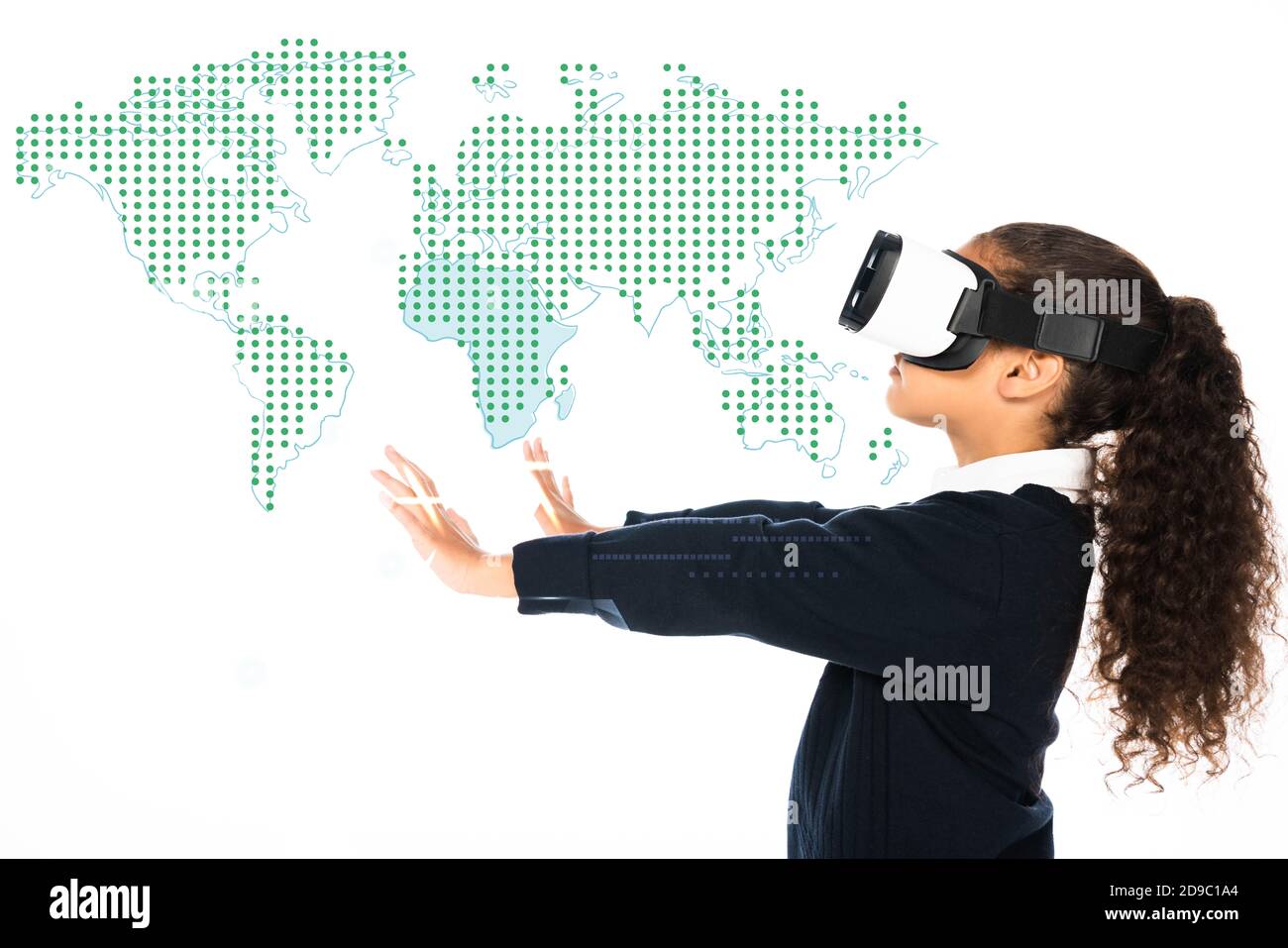 african american schoolgirl with outstretched hands using virtual reality headset isolated on white, global map illustration Stock Photo