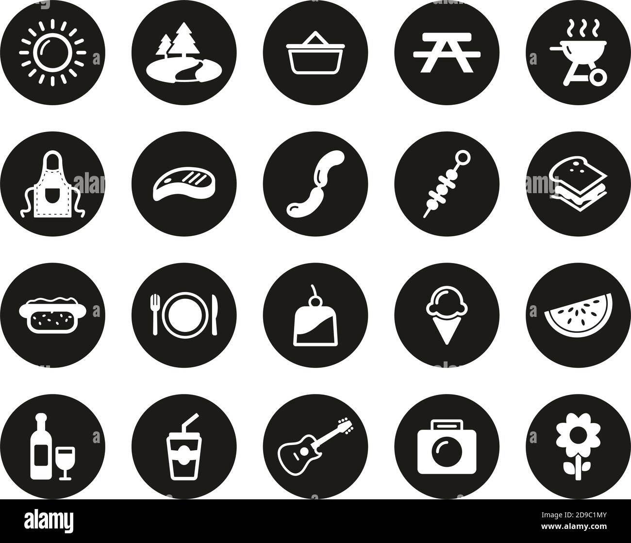 Picnic Or Barbecue Icons White On Black Flat Design CIrcle Set Big ...