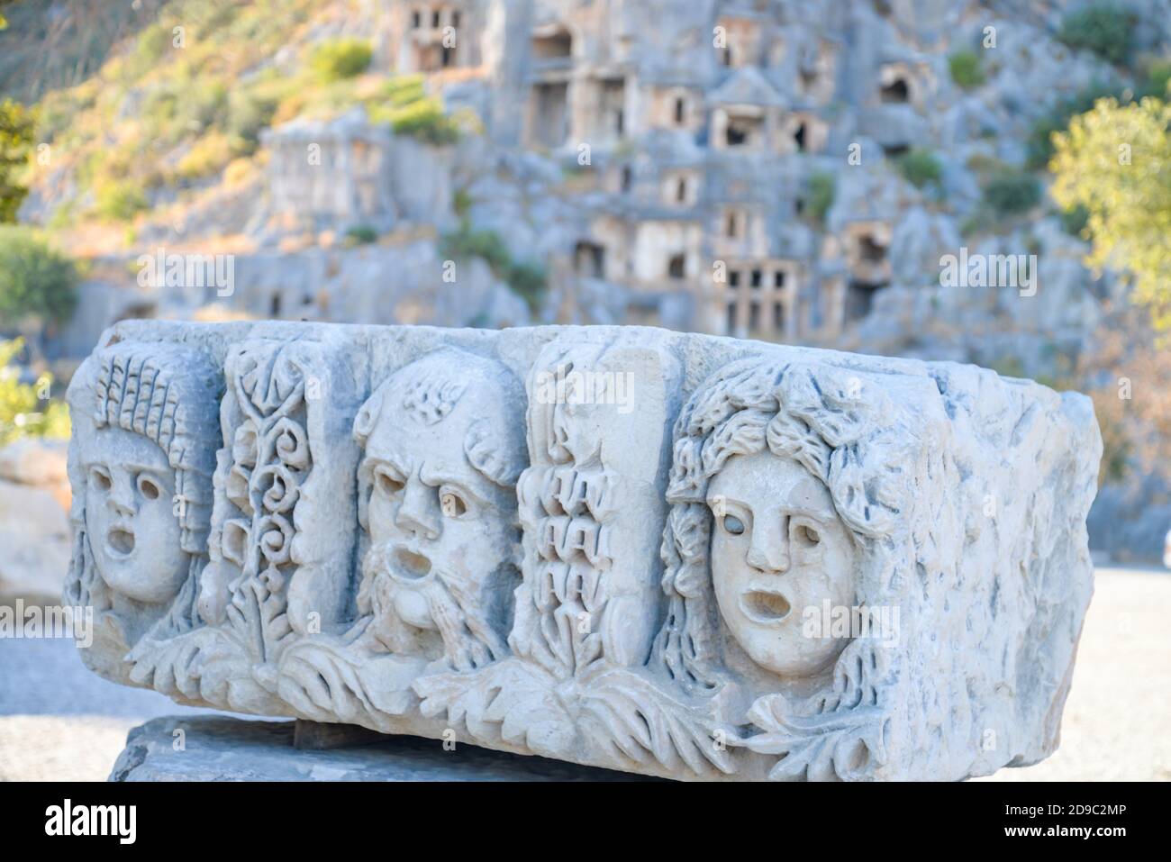 Ancient city of Myra. Turkey, The ancient city is famous for its rock tombs and relief masks. Stock Photo