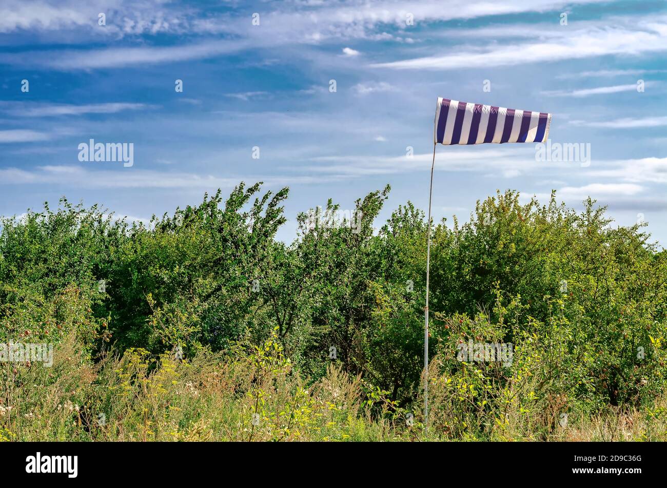 Blue weather vane weather vane in  small airport on a background of green trees Stock Photo