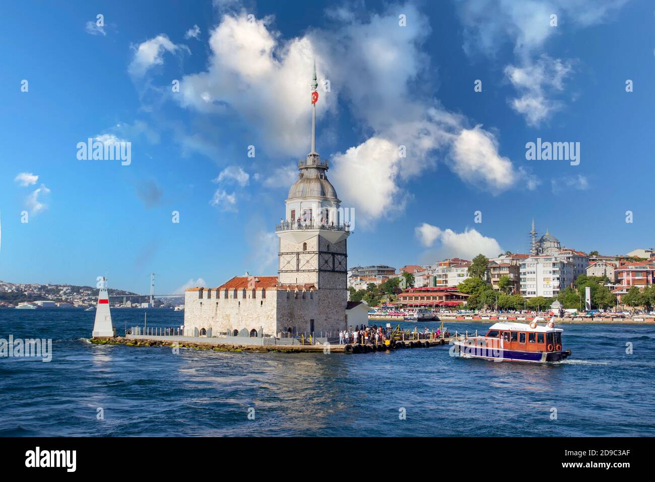 ISTANBUL, TURKEY - JULY 26, 2019: view of Maiden's Tower (Kiz Kulesi) situated on Bosphorus, symbol of Istanbul, Turkey. Sunny day view of the Maiden' Stock Photo