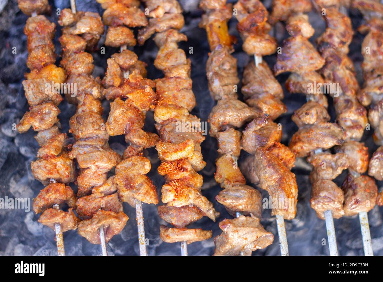 Barbecued lamb shish kebab. Turkish kebab, turkish known as 'Mangal kebab' Stock Photo