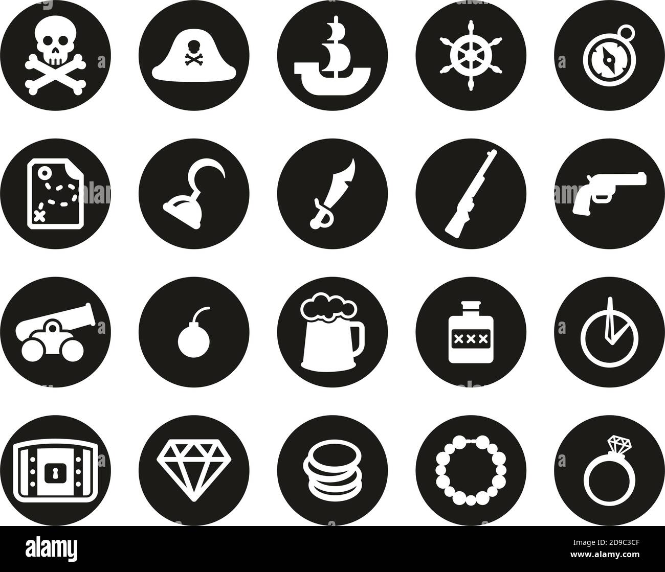 Pirate Icons White On Black Flat Design Circle Set Big Stock Vector ...