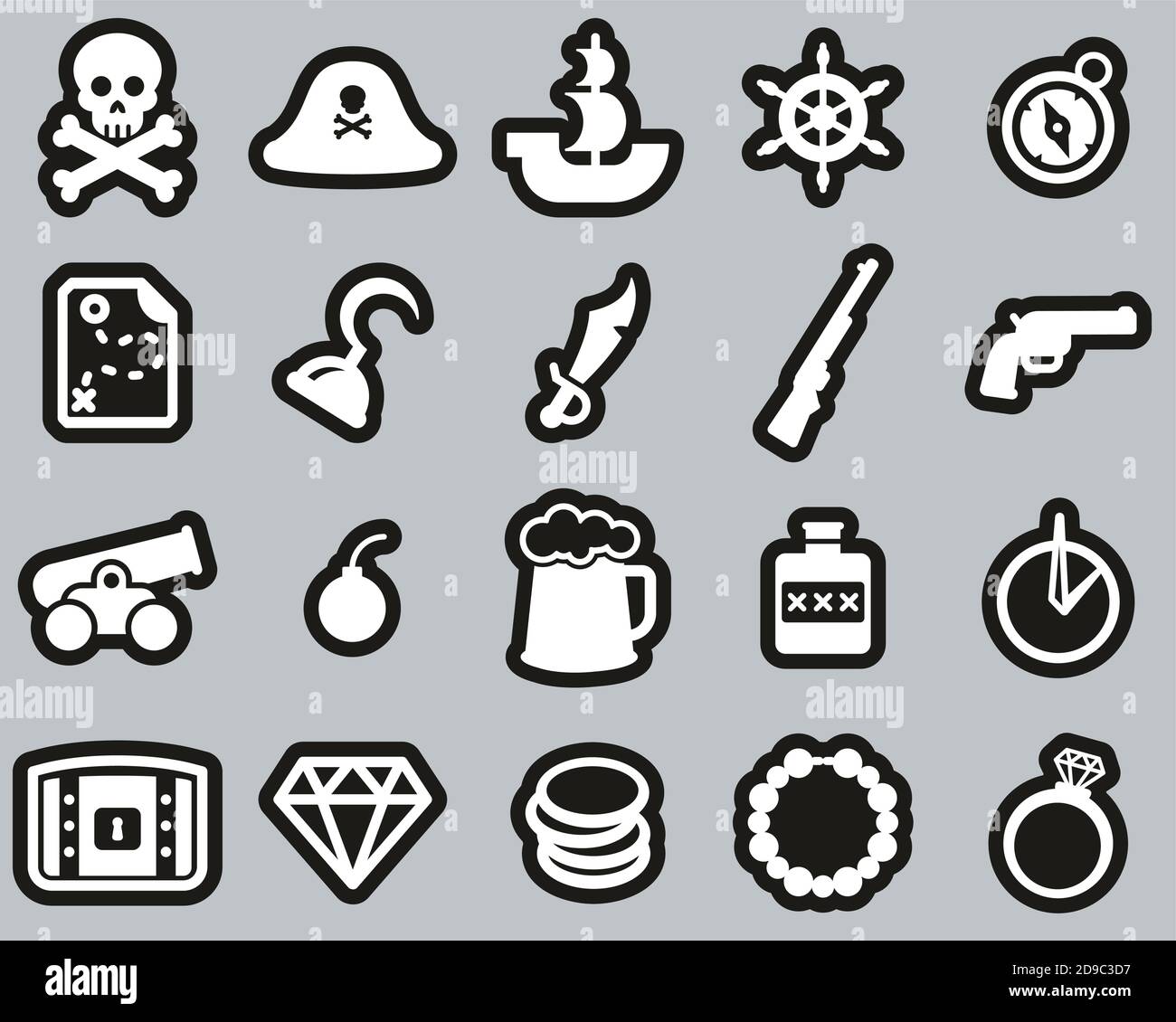 Pirate Icons White On Black Sticker Set Big Stock Vector Image & Art ...
