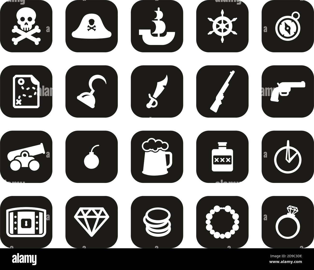 Pirate Icons White On Black Flat Design Set Big Stock Vector Image ...