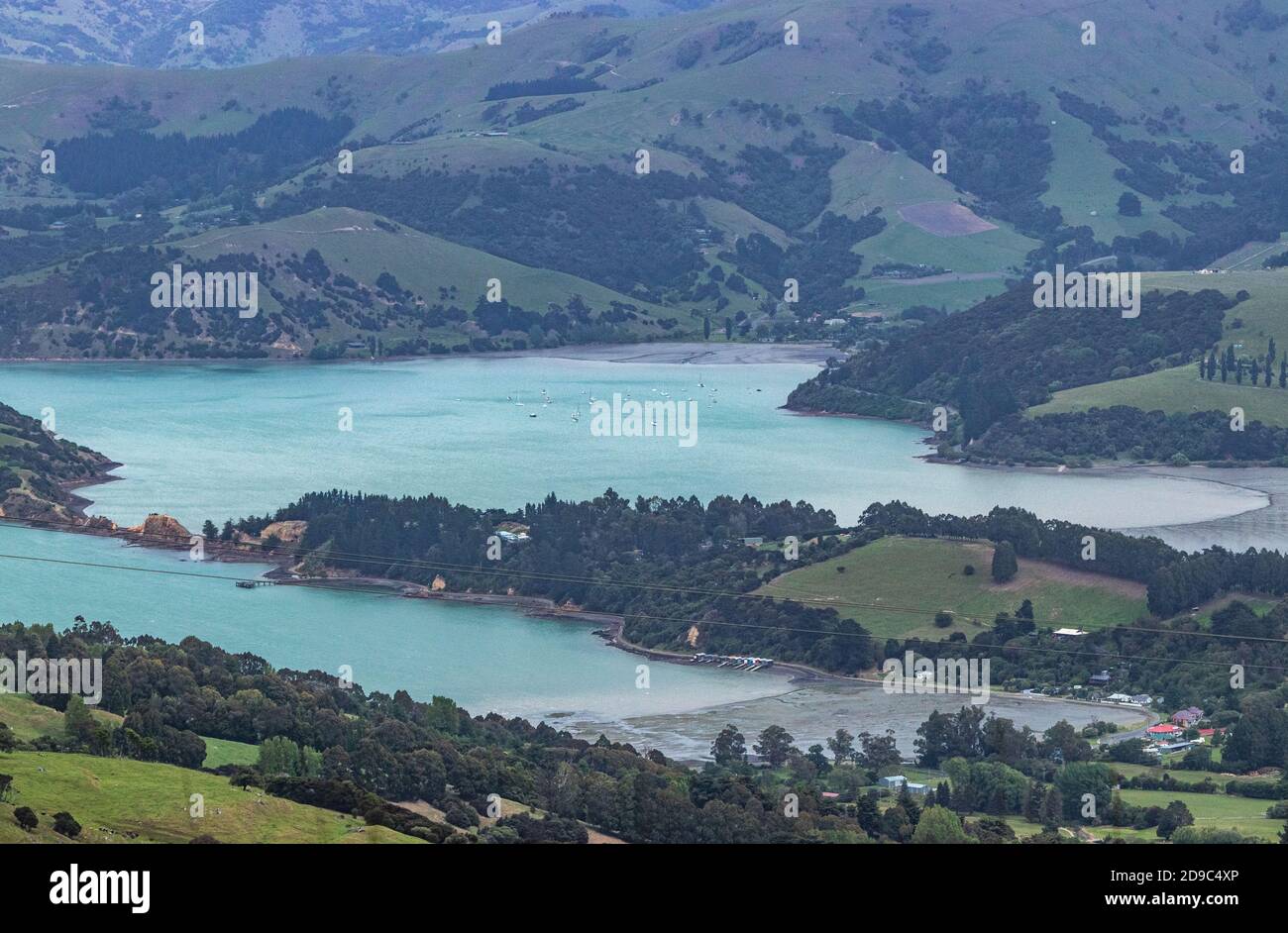 Duvauchelle and Barry's Bay from Summit Road Stock Photo