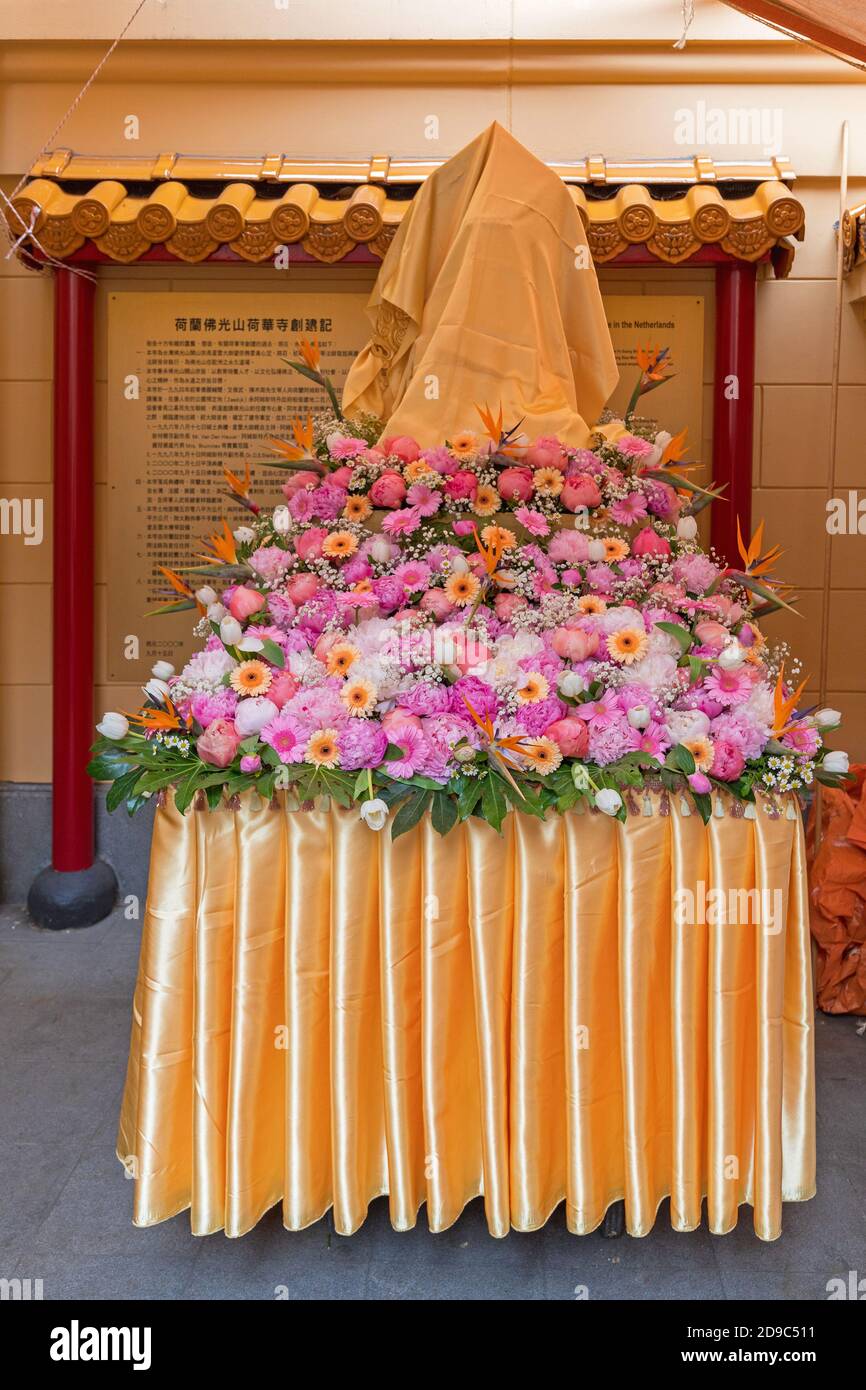 Amsterdam, Netherlands - May 18, 2018: Many Flowers at Fo Guang Shan He Hua Buddhist Temple in Amsterdam, Holland. Stock Photo
