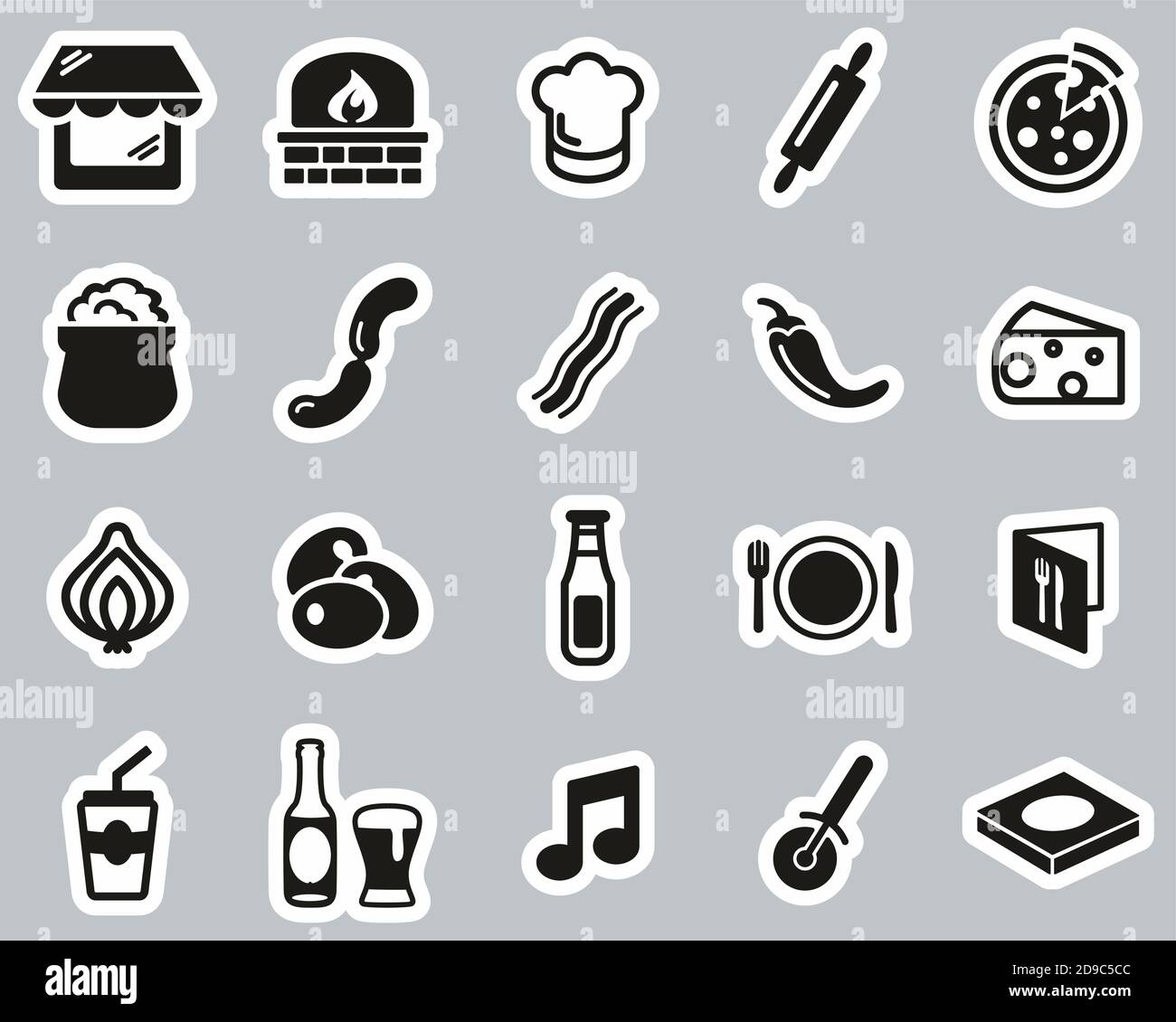 Pizzeria Or Pizza Restaurant Icons Black & White Sticker Set Big Stock ...