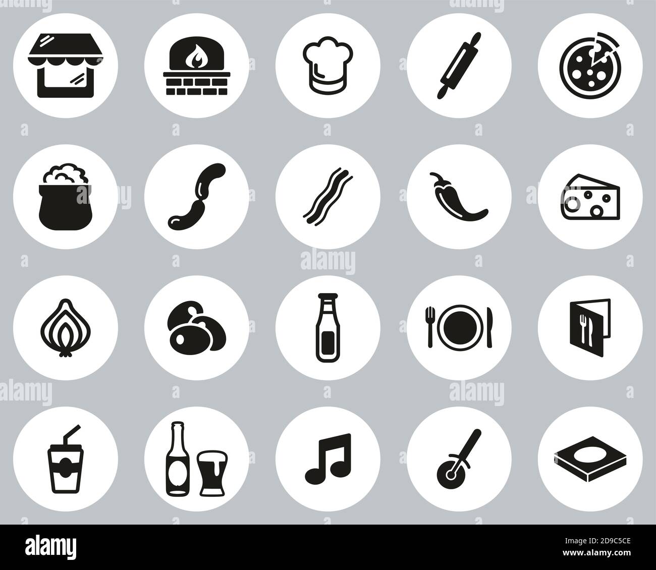 Pizzeria Or Pizza Restaurant Icons Black & White Flat Design Circle Set ...