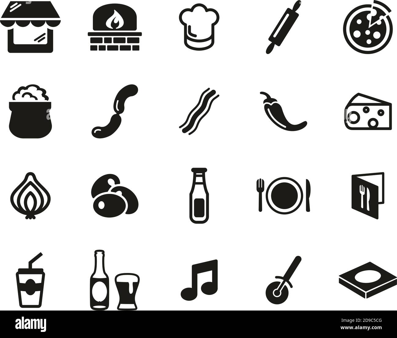Pizzeria Or Pizza Restaurant Icons Black & White Set Big Stock Vector ...