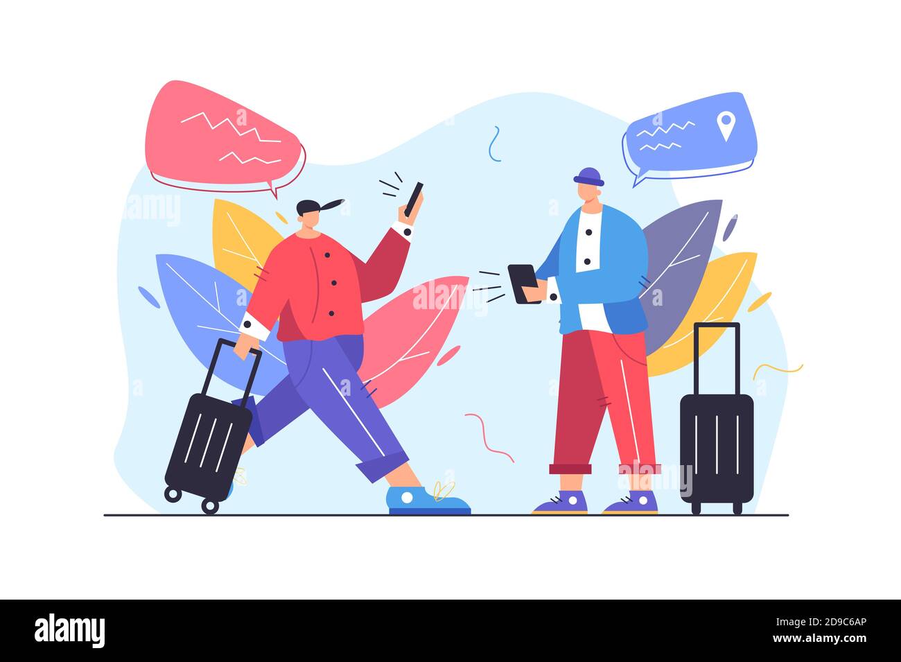 Two guys tourists looking for a way in their phones Stock Vector