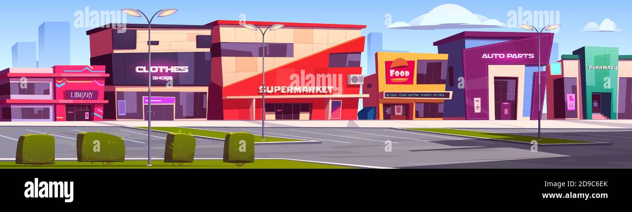 Shops and commercial buildings exterior on city street. Vector cartoon  summer town with cafe, library, pharmacy and supermarket facade. Modern  architecture of auto parts store and boutique Stock Vector Image & Art 