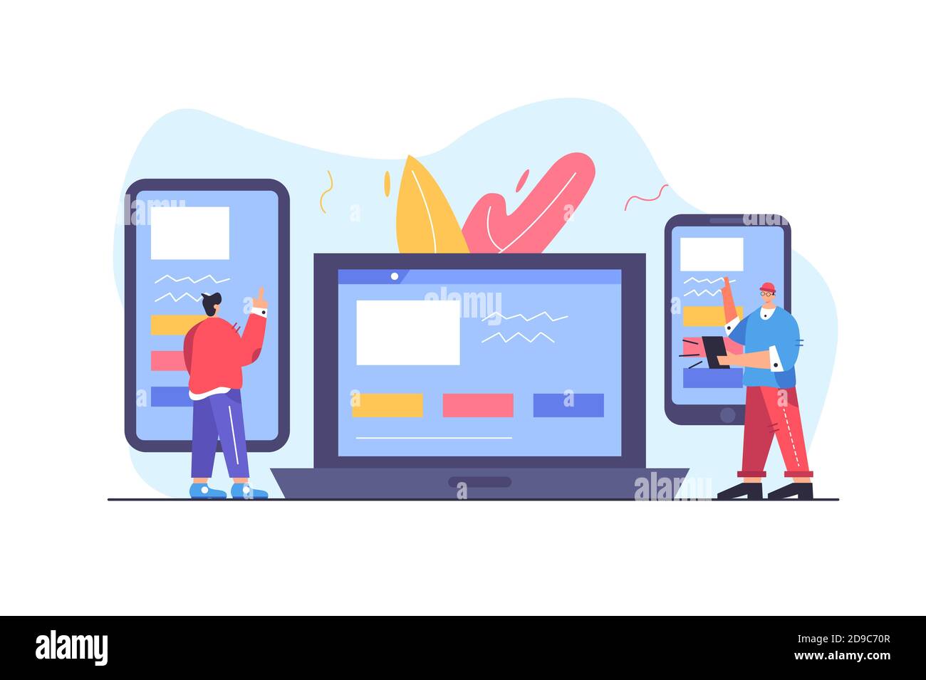 Two guys look at responsive website design Stock Vector