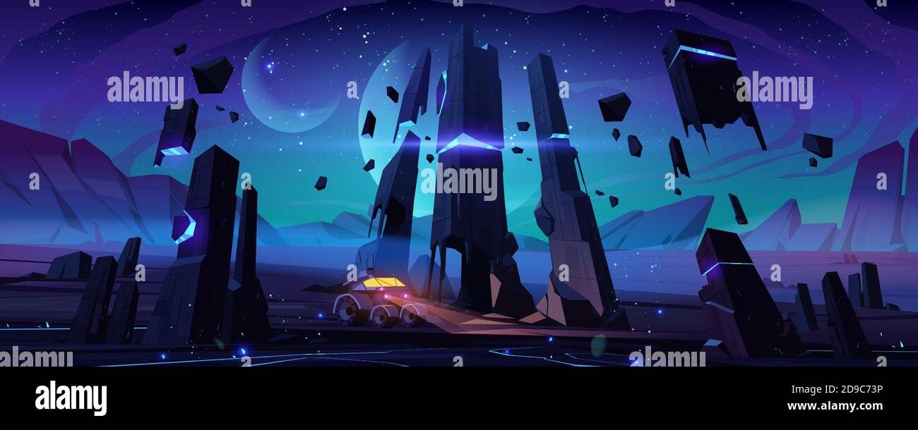 Explorer robot on alien planet surface at night. Vector cartoon ...