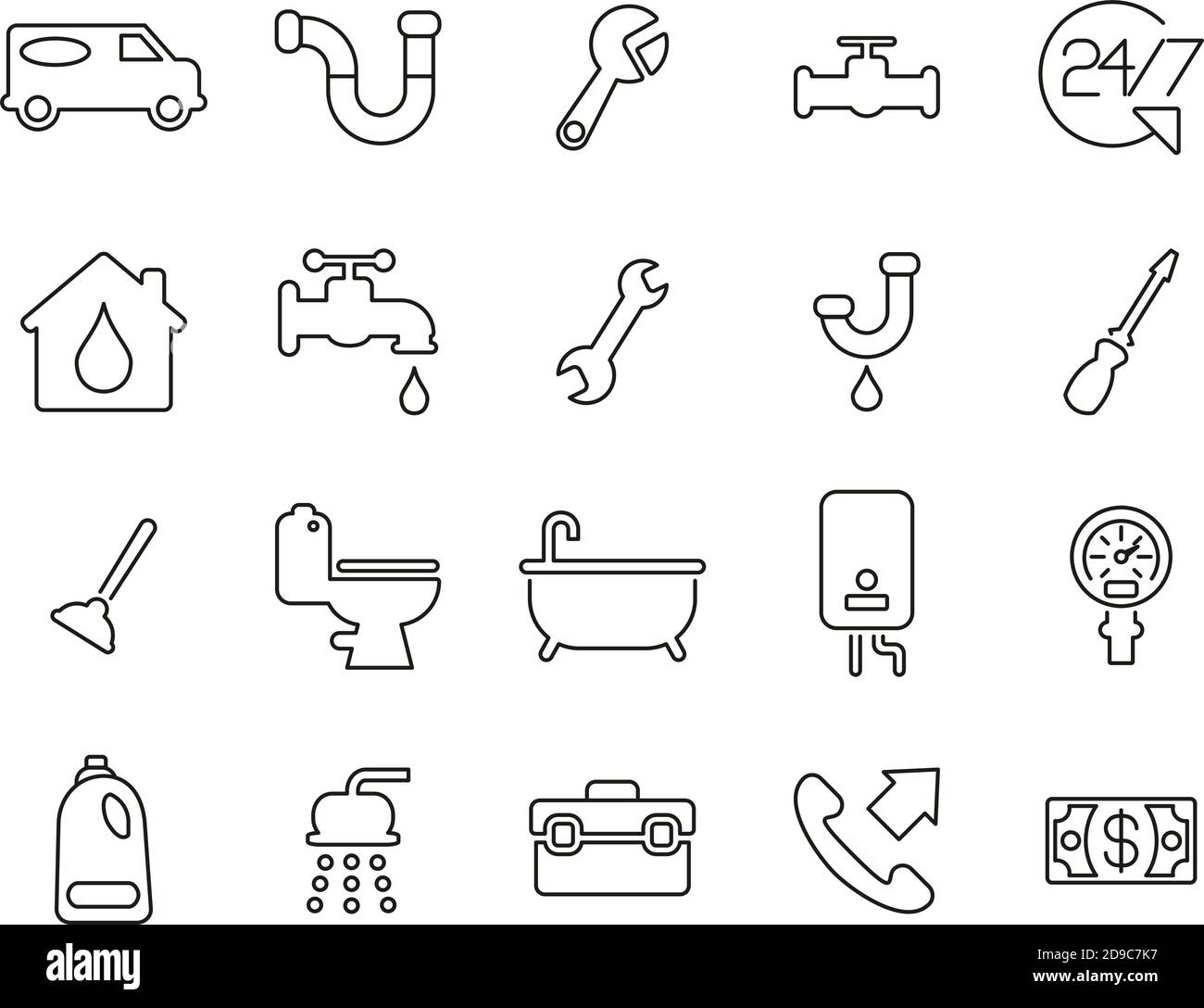 Plumbing Service & Equipment Icons Black & White Thin Line Set Big Stock Vector