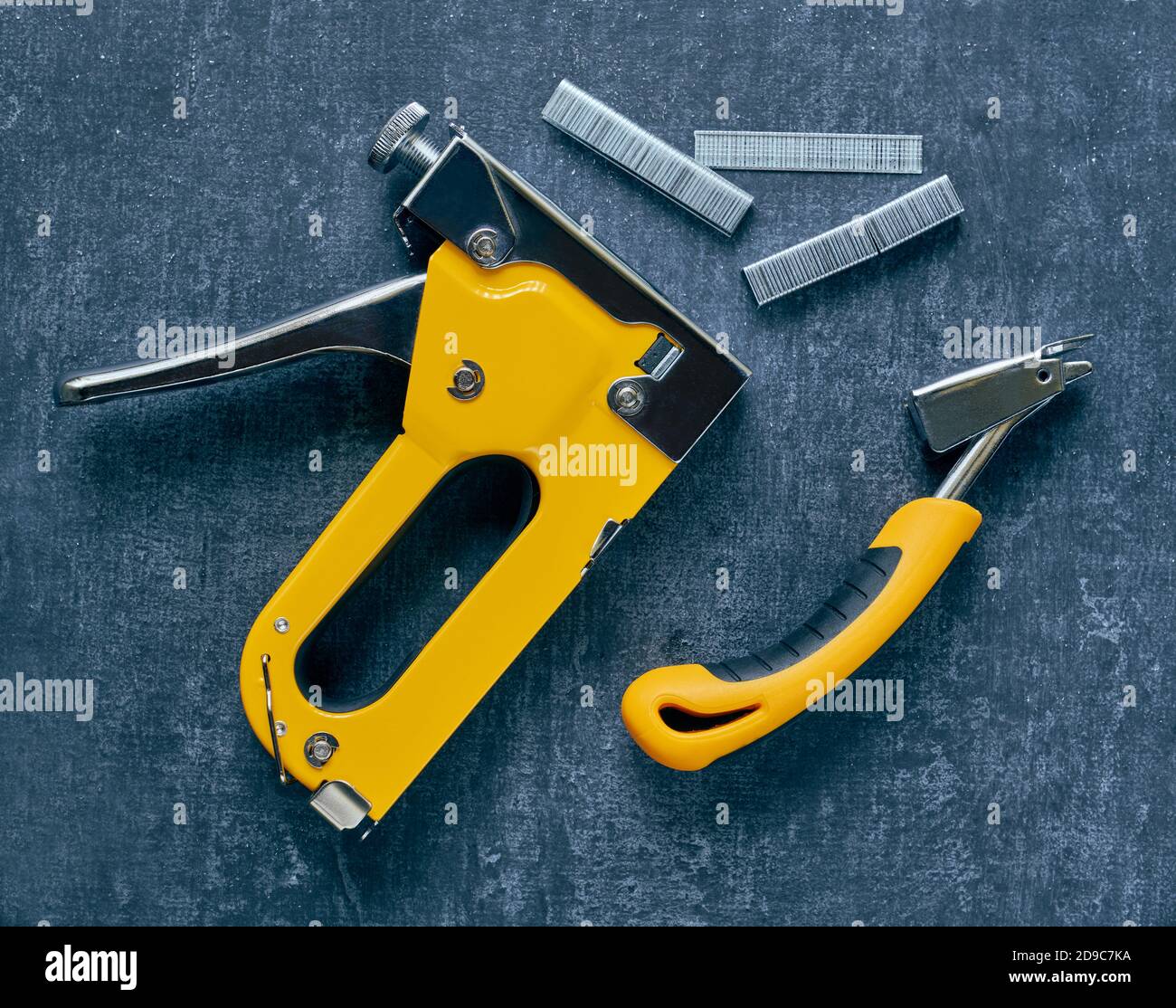Tools for upholstery work, top view, close-up, stylized Stock Photo