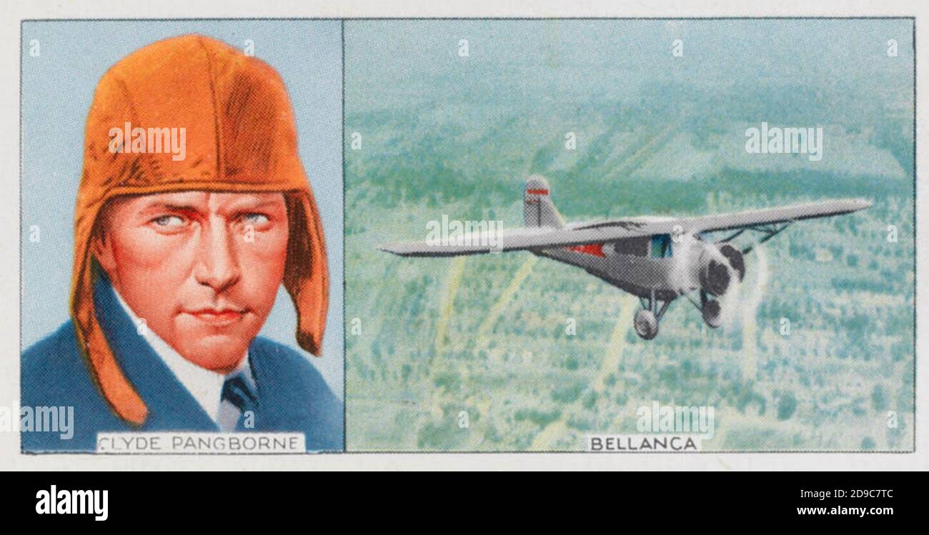 CLYDE PANGBORN (1895-1958) American aviator and barnstormer shown on a cigarette card with his Bellanca J-300. Stock Photo