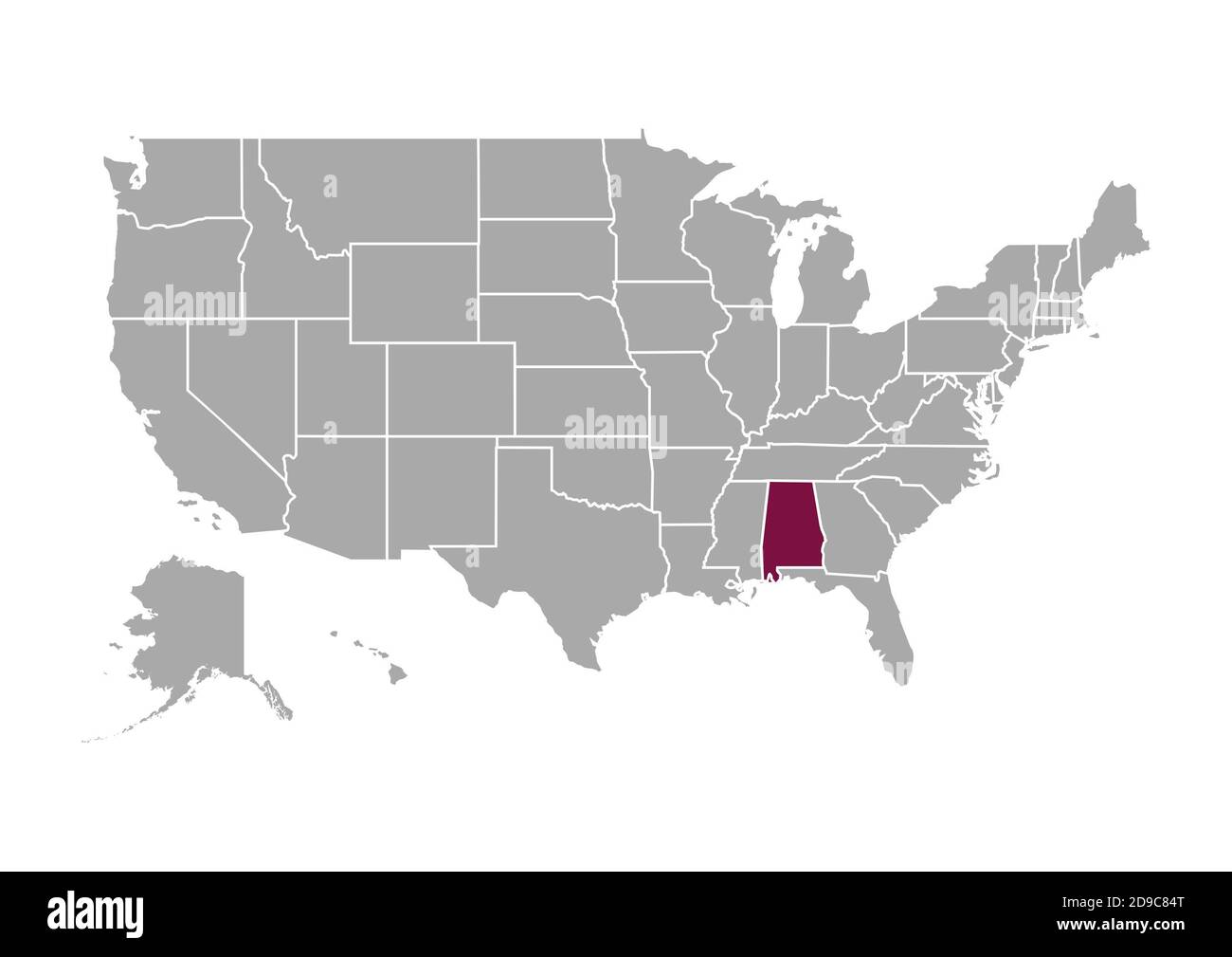 Map of Alabama compared to the other United States of America Stock Photo