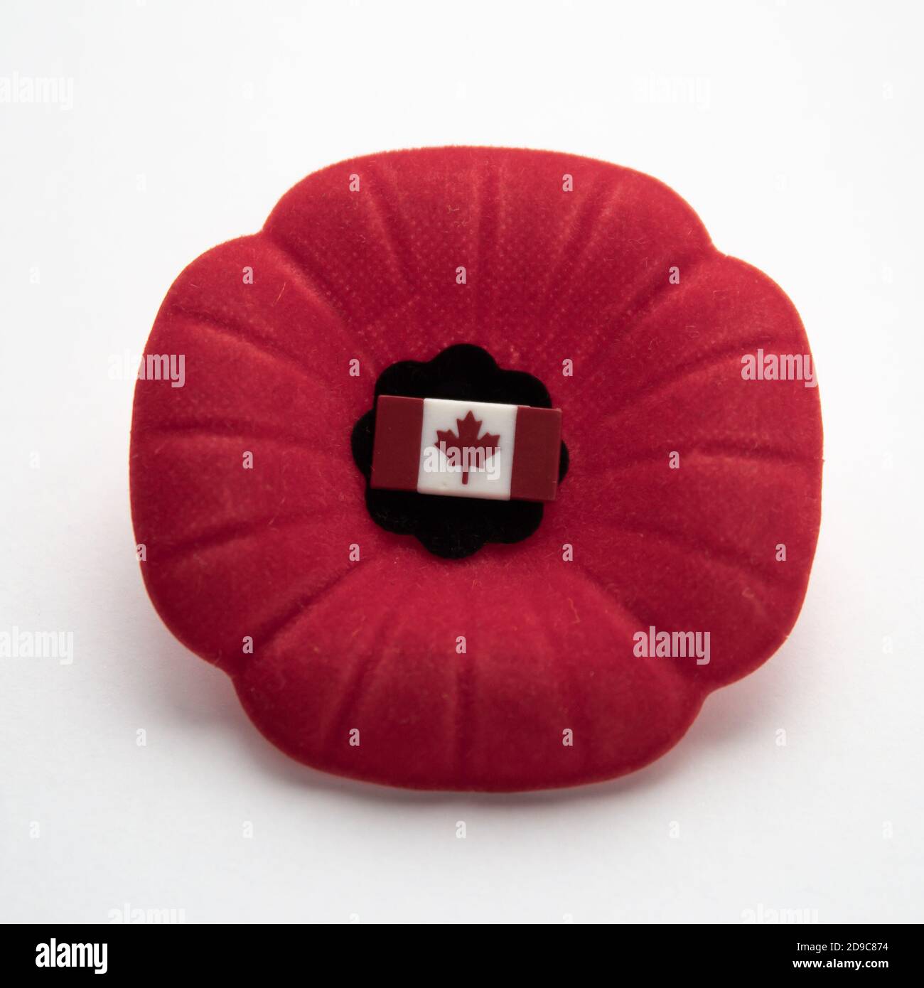 Canadian red poppy for remembrance day with Canadian flag pin on white background Stock Photo