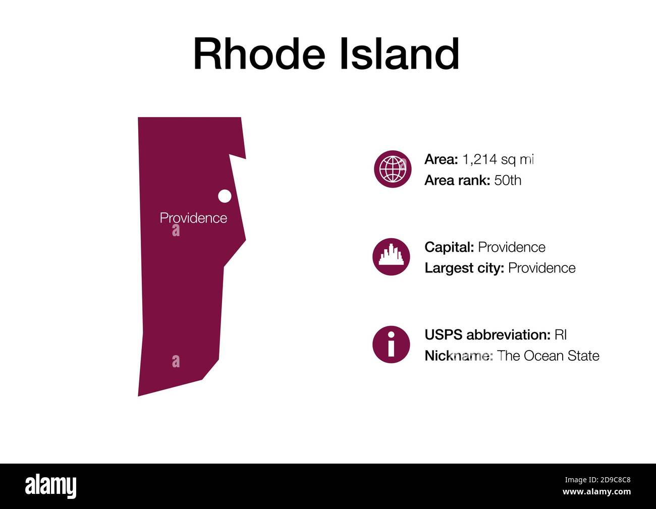 Map of Rhode Island state with political demographic information and biggest cities Stock Photo