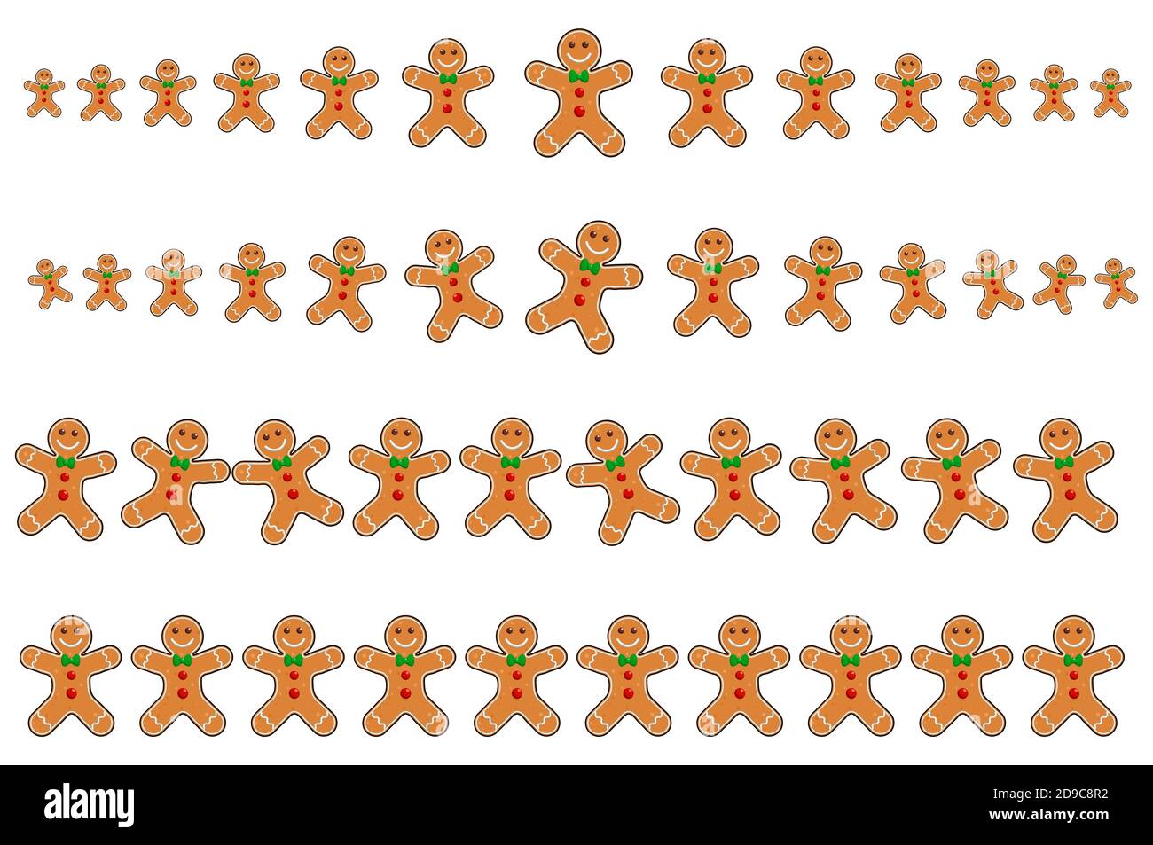 Christmas border line set. Cartoon page divider collection with gingerbread man. Xmas headline with smiling cookies. Eps 10 design isolated on white b Stock Vector