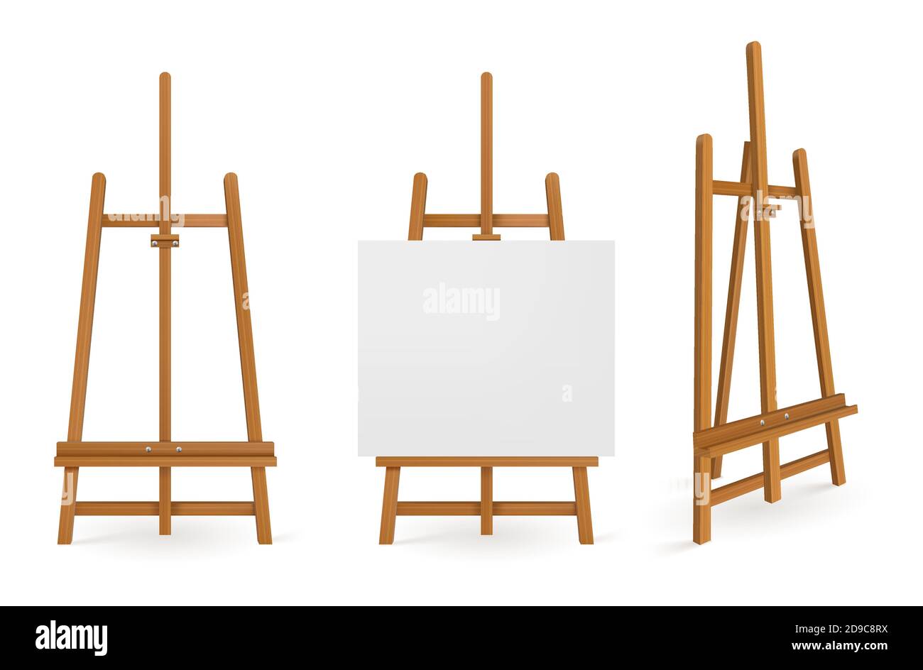 Wooden easels or painting art boards with white canvas front and side view.  Artwork blank posters