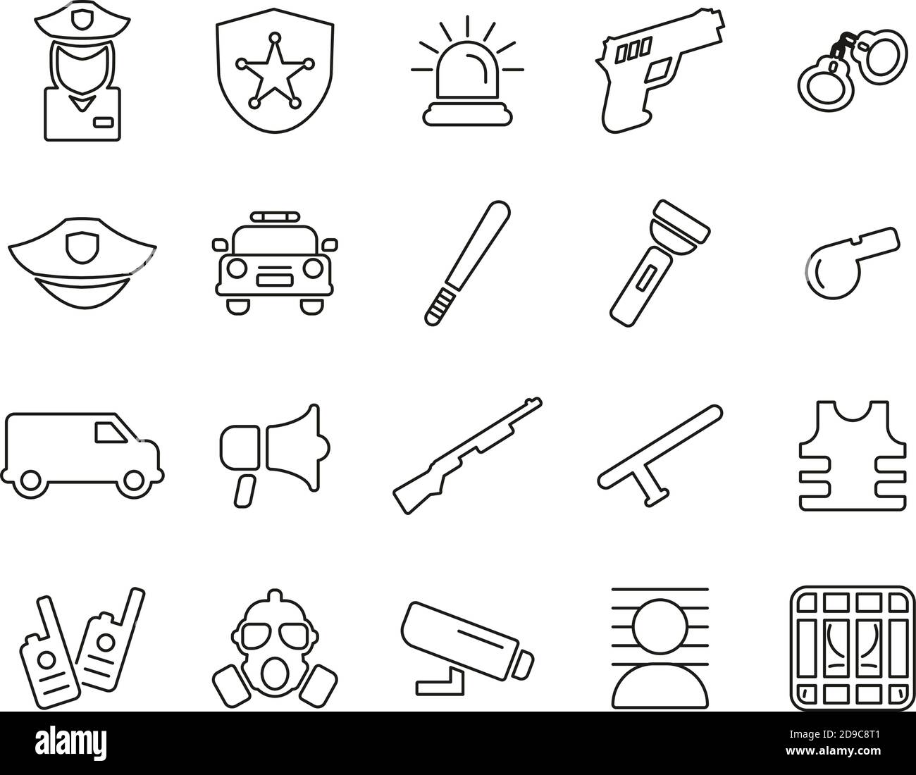 Police Or Police Force Icons Black & White Thin Line Set Big Stock Vector